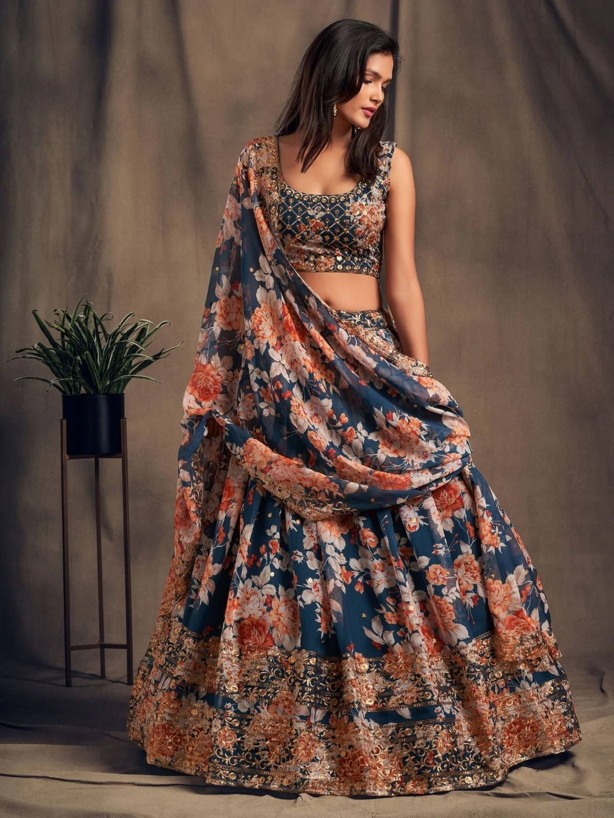 Odette Blue Organza Printed Semi Stitched Lehenga With Unstitched Blouse For Women - Image 2
