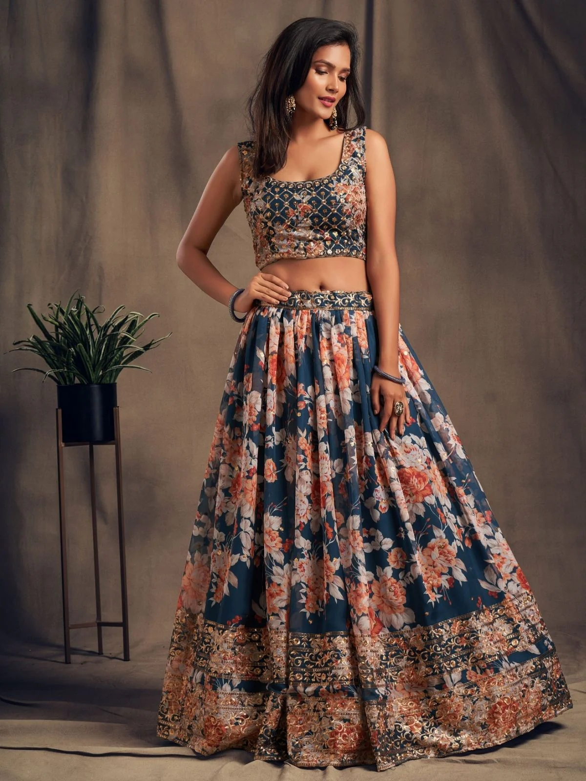 Odette Blue Organza Printed Semi Stitched Lehenga With Unstitched Blouse For Women - Image 3