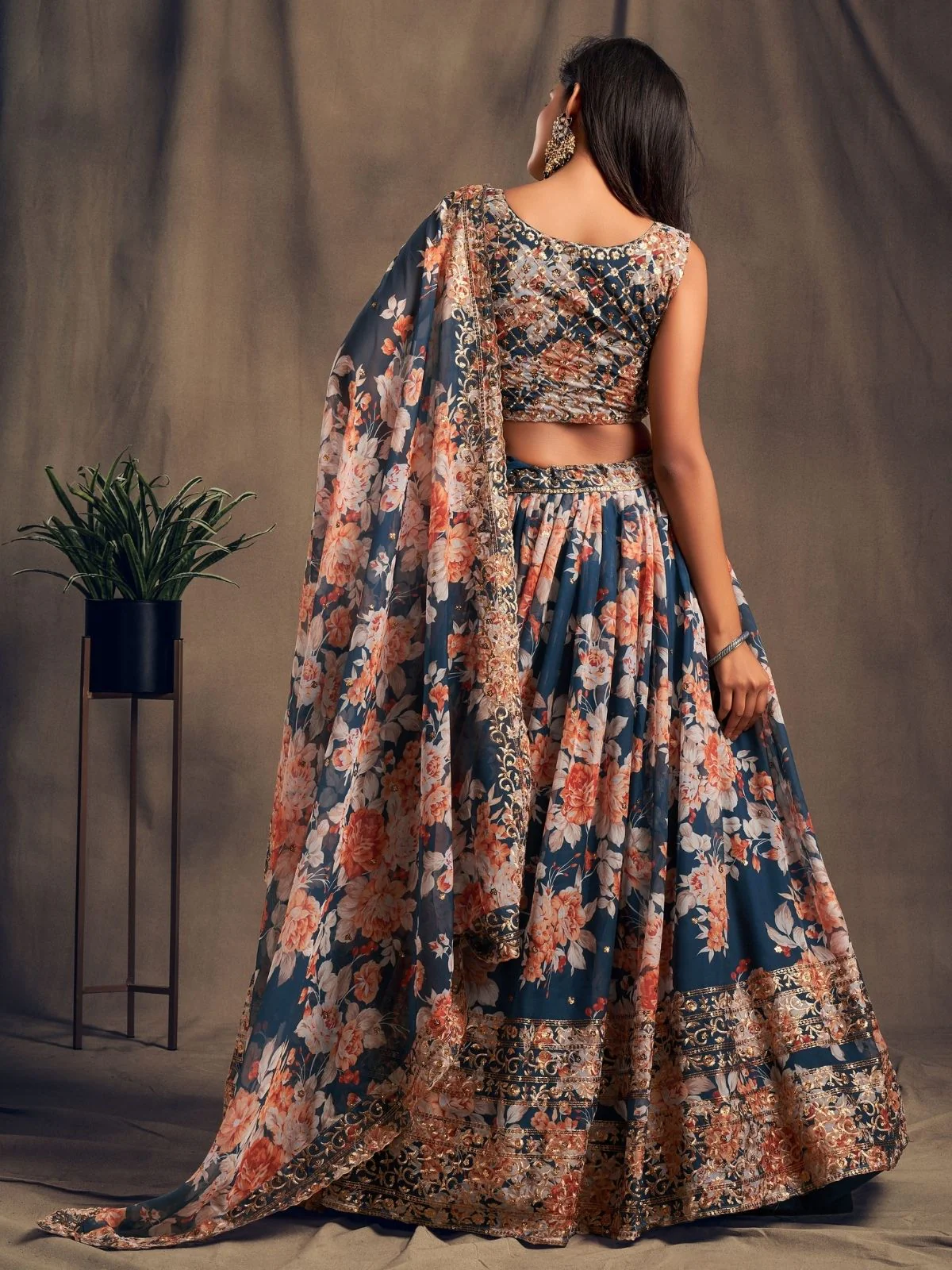 Odette Blue Organza Printed Semi Stitched Lehenga With Unstitched Blouse For Women - Image 4