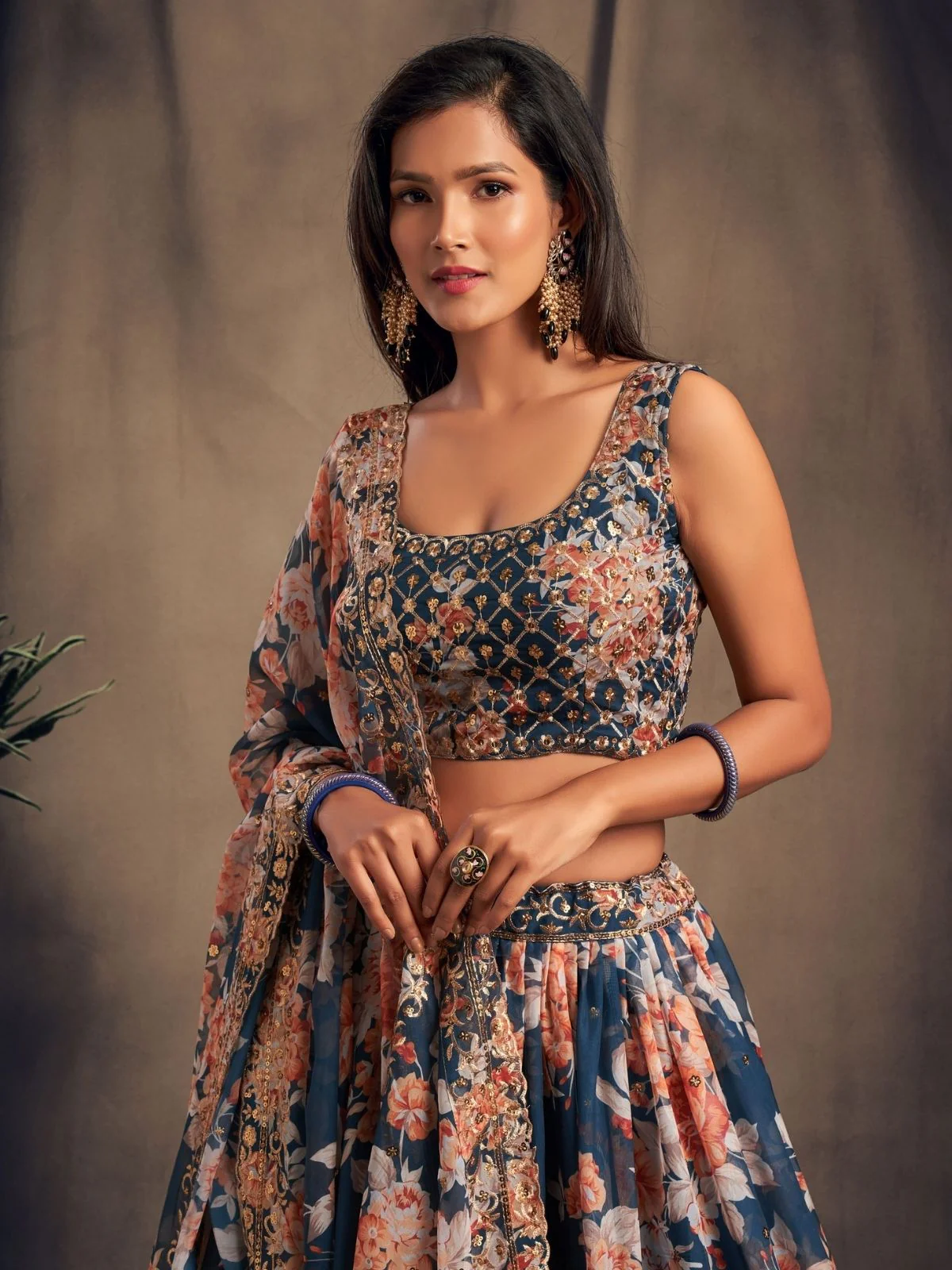 Odette Blue Organza Printed Semi Stitched Lehenga With Unstitched Blouse For Women - Image 5