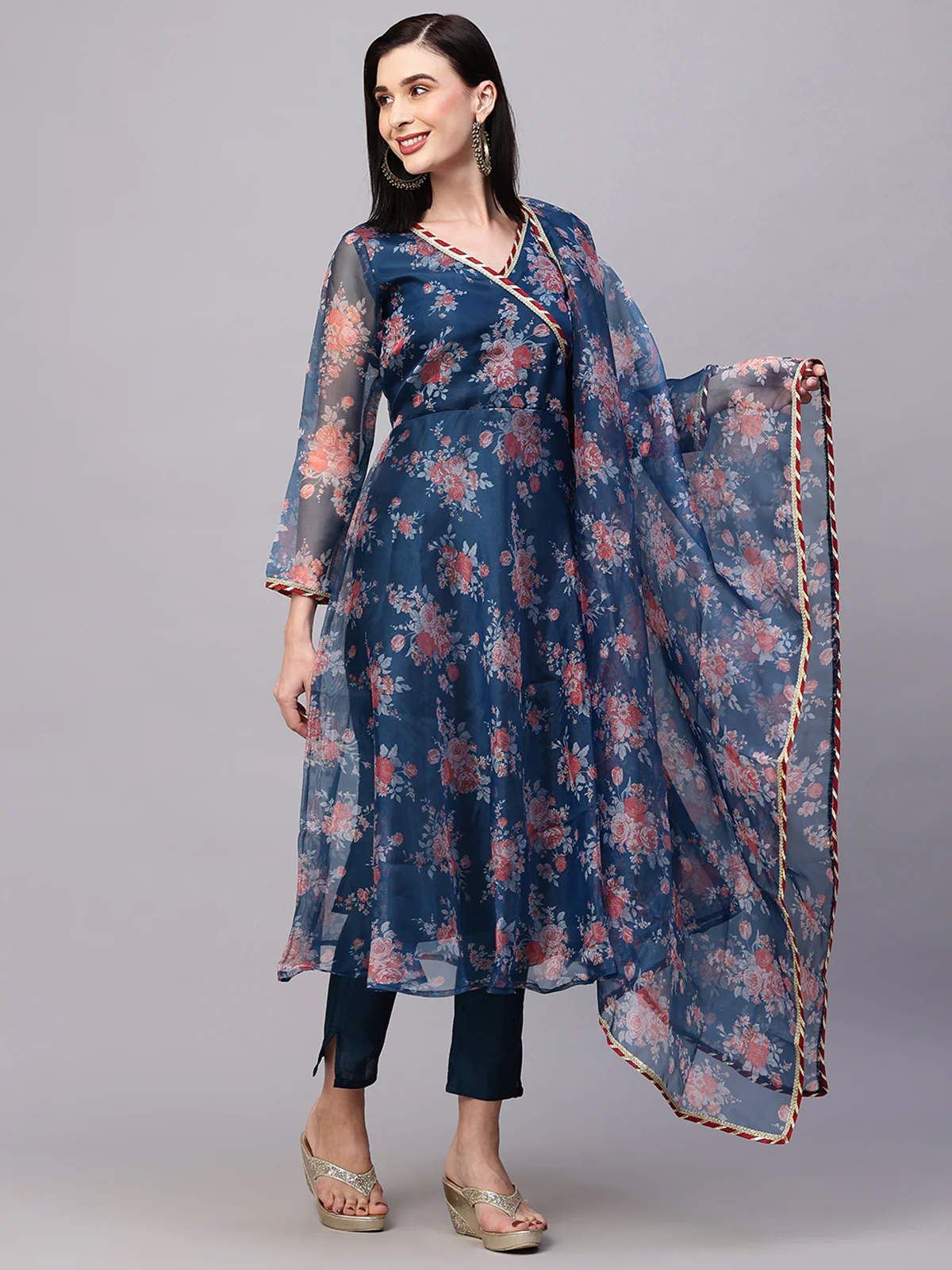 Odette Blue Organza Printed Stitched Kurta Set For Women - Image 2