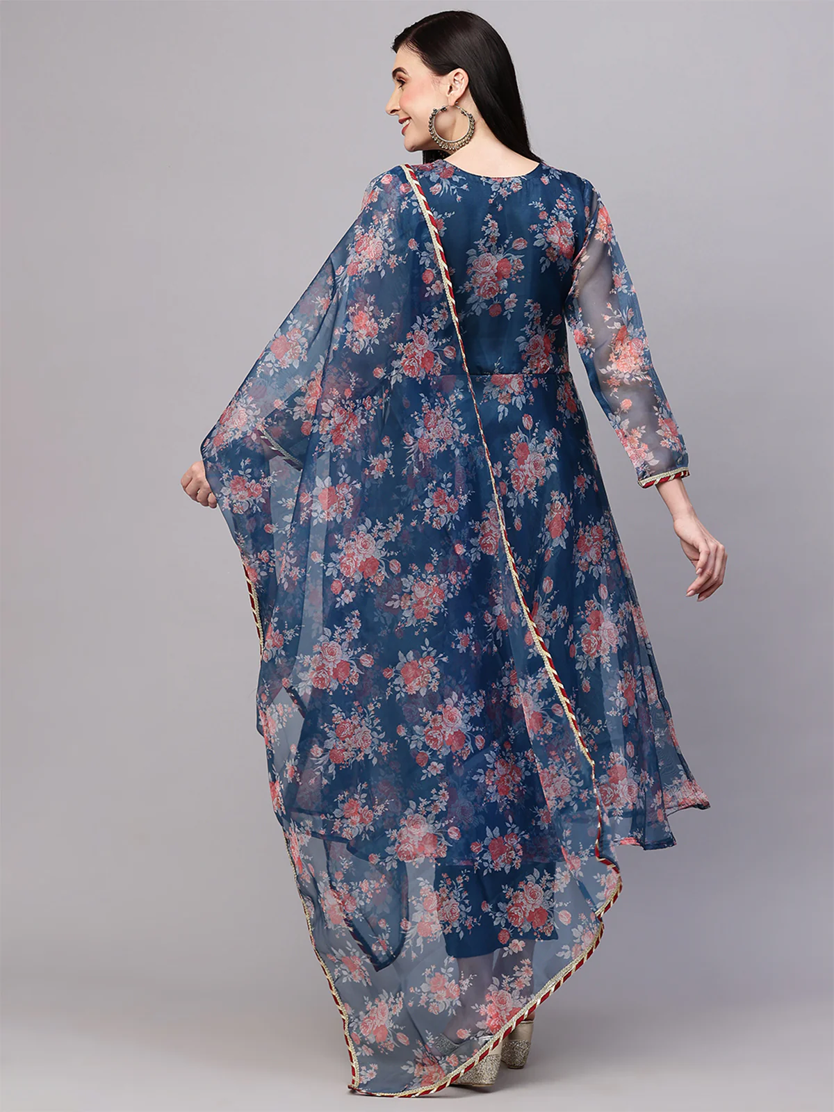 Odette Blue Organza Printed Stitched Kurta Set For Women - Image 3