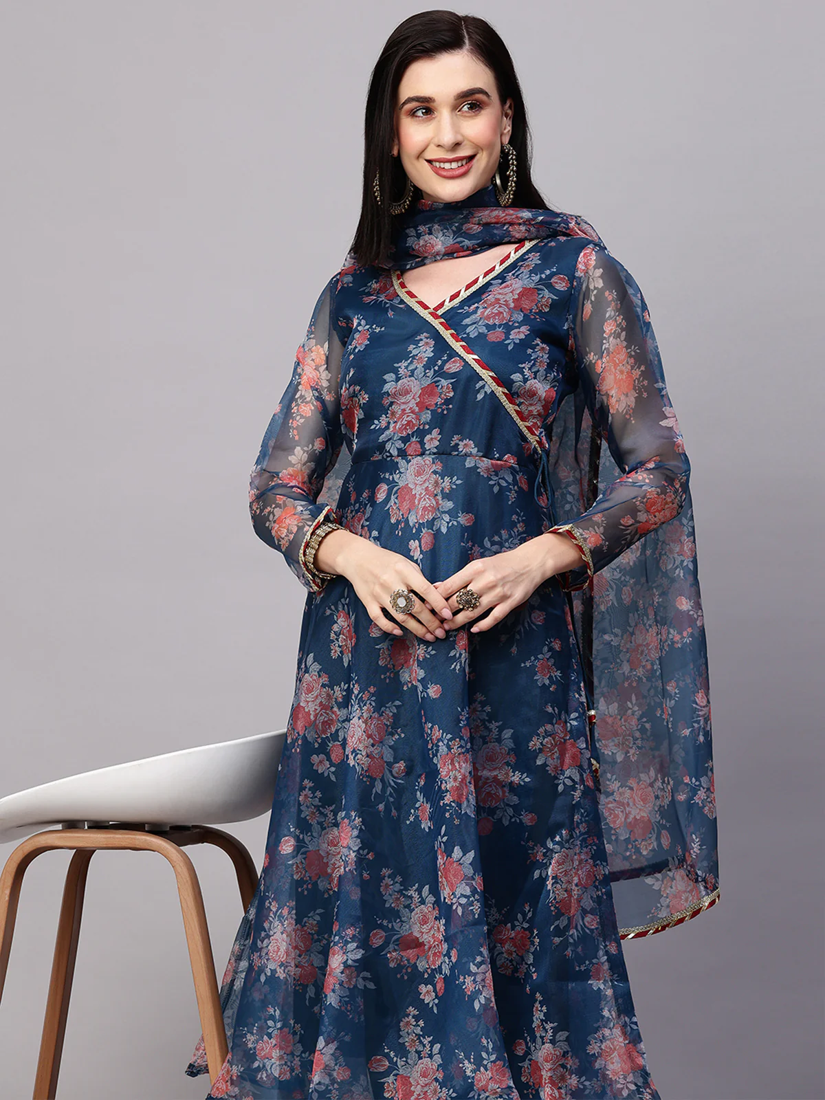 Odette Blue Organza Printed Stitched Kurta Set For Women - Image 4