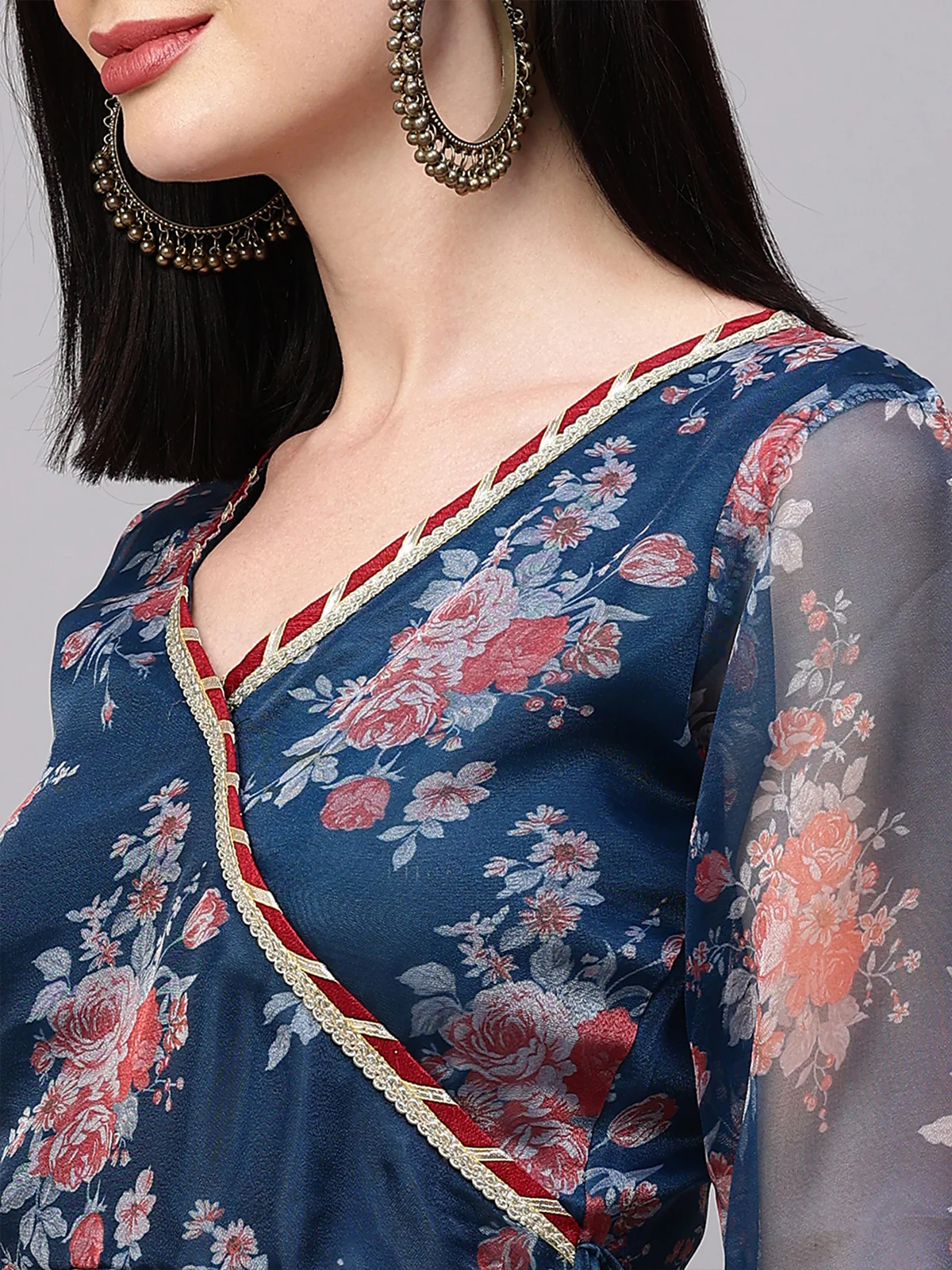 Odette Blue Organza Printed Stitched Kurta Set For Women - Image 5