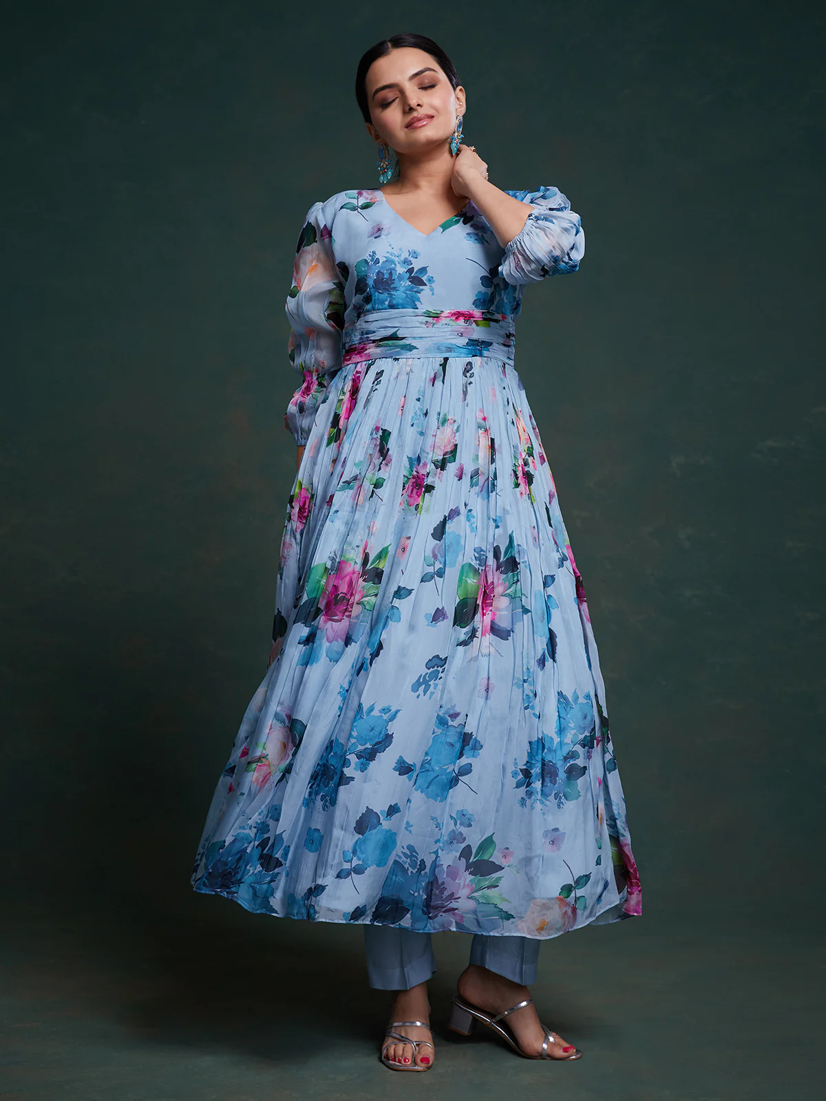 Odette Blue Organza Printed Stitched Salwar Suit Set For Women - Image 2
