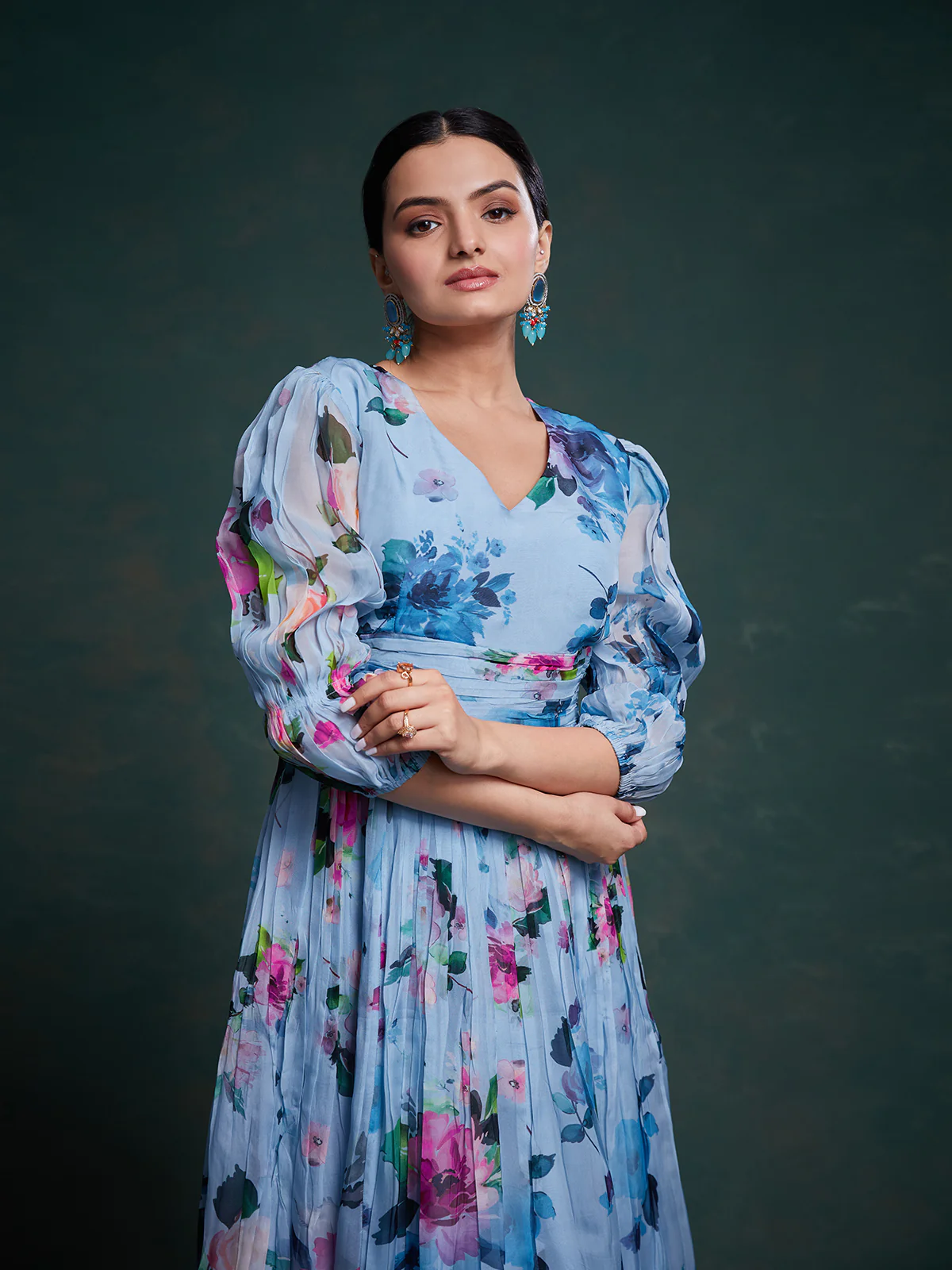 Odette Blue Organza Printed Stitched Salwar Suit Set For Women - Image 6