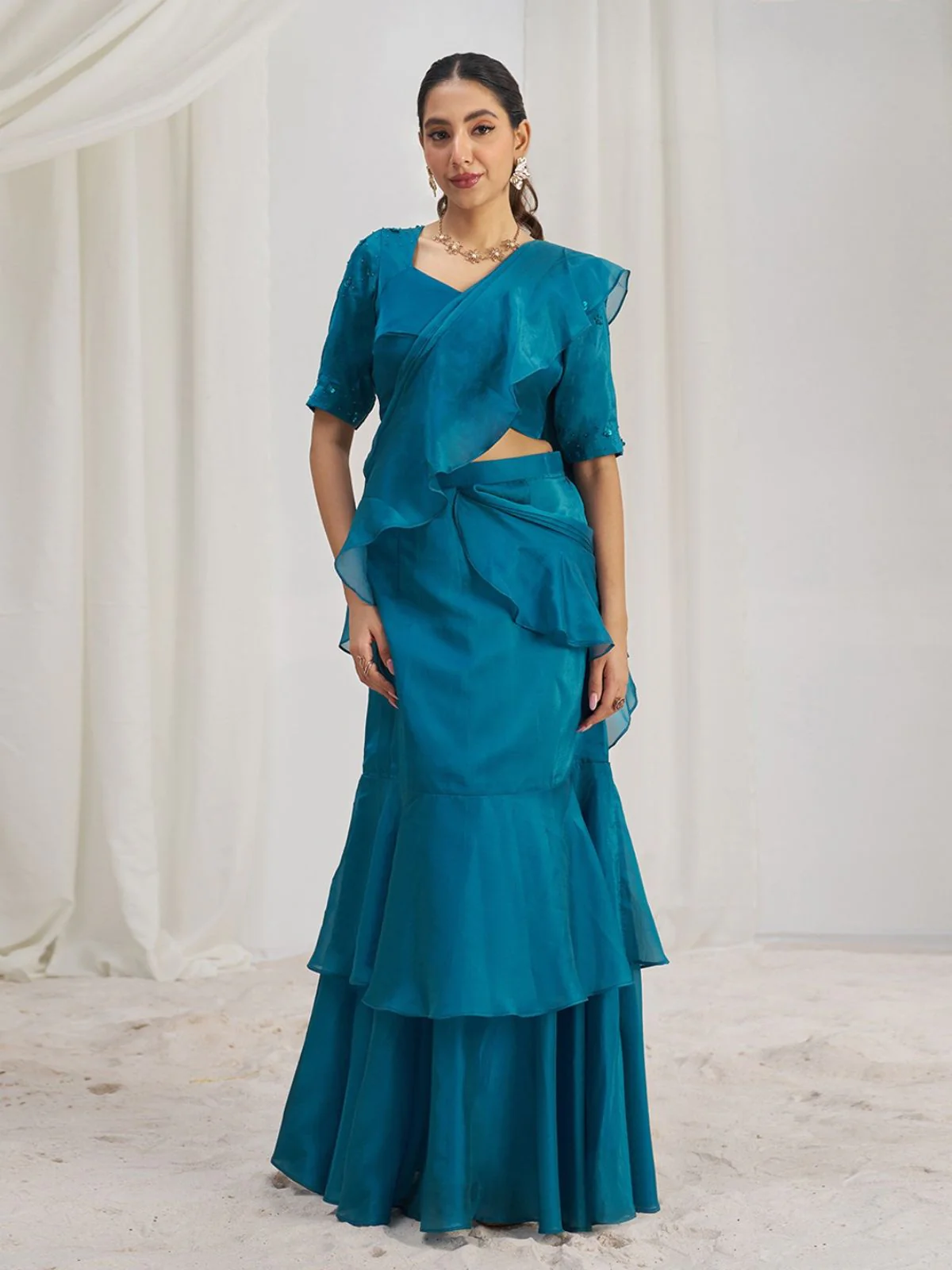 Odette Blue Organza Solid Ready To Wear Saree With Stitched Blouse For Women
