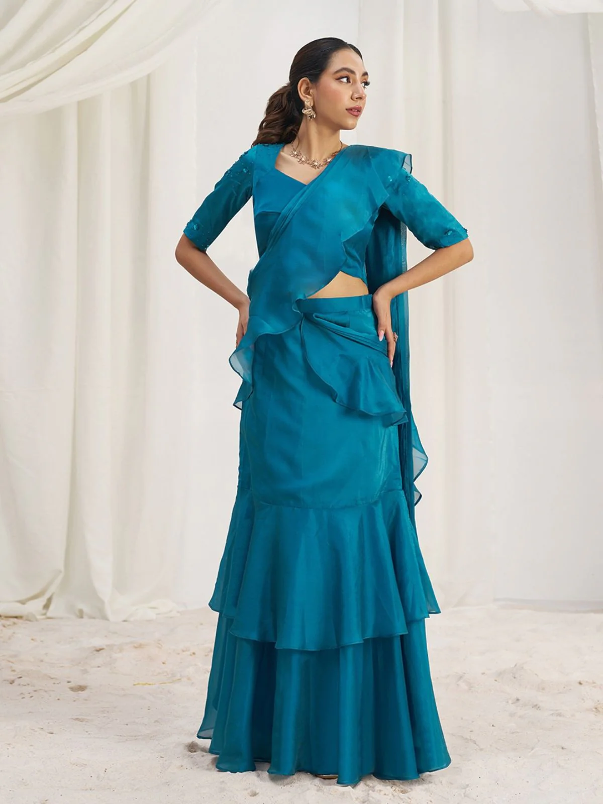 Odette Blue Organza Solid Ready To Wear Saree With Stitched Blouse For Women - Image 2
