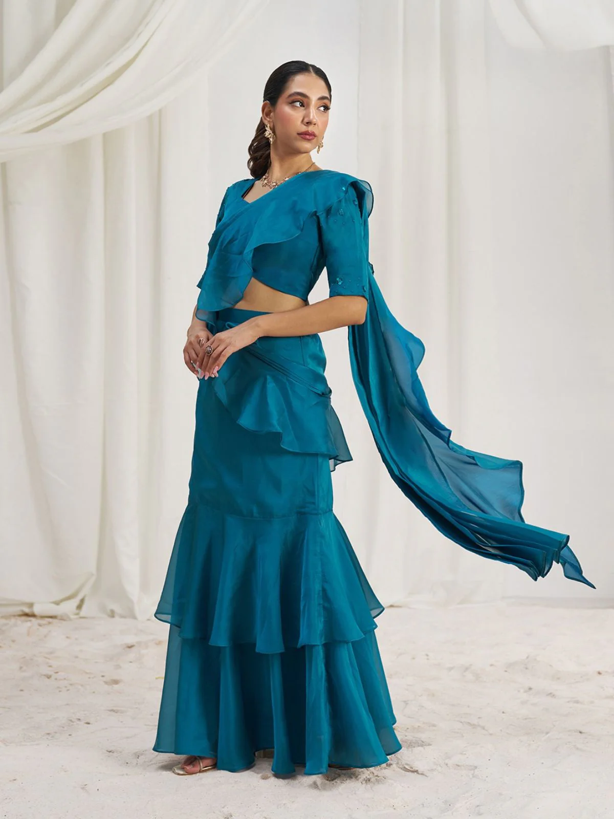 Odette Blue Organza Solid Ready To Wear Saree With Stitched Blouse For Women - Image 4