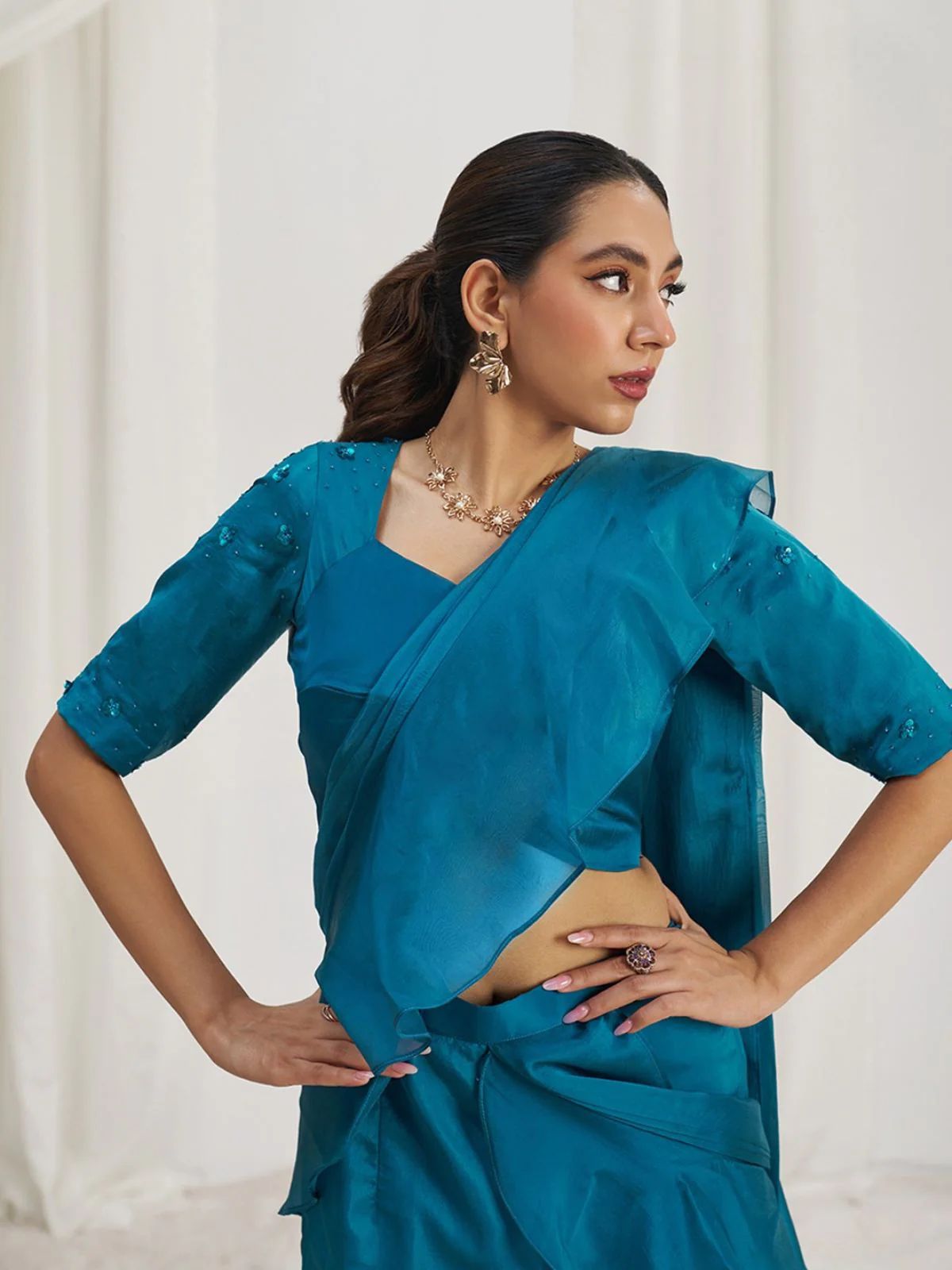 Odette Blue Organza Solid Ready To Wear Saree With Stitched Blouse For Women - Image 6
