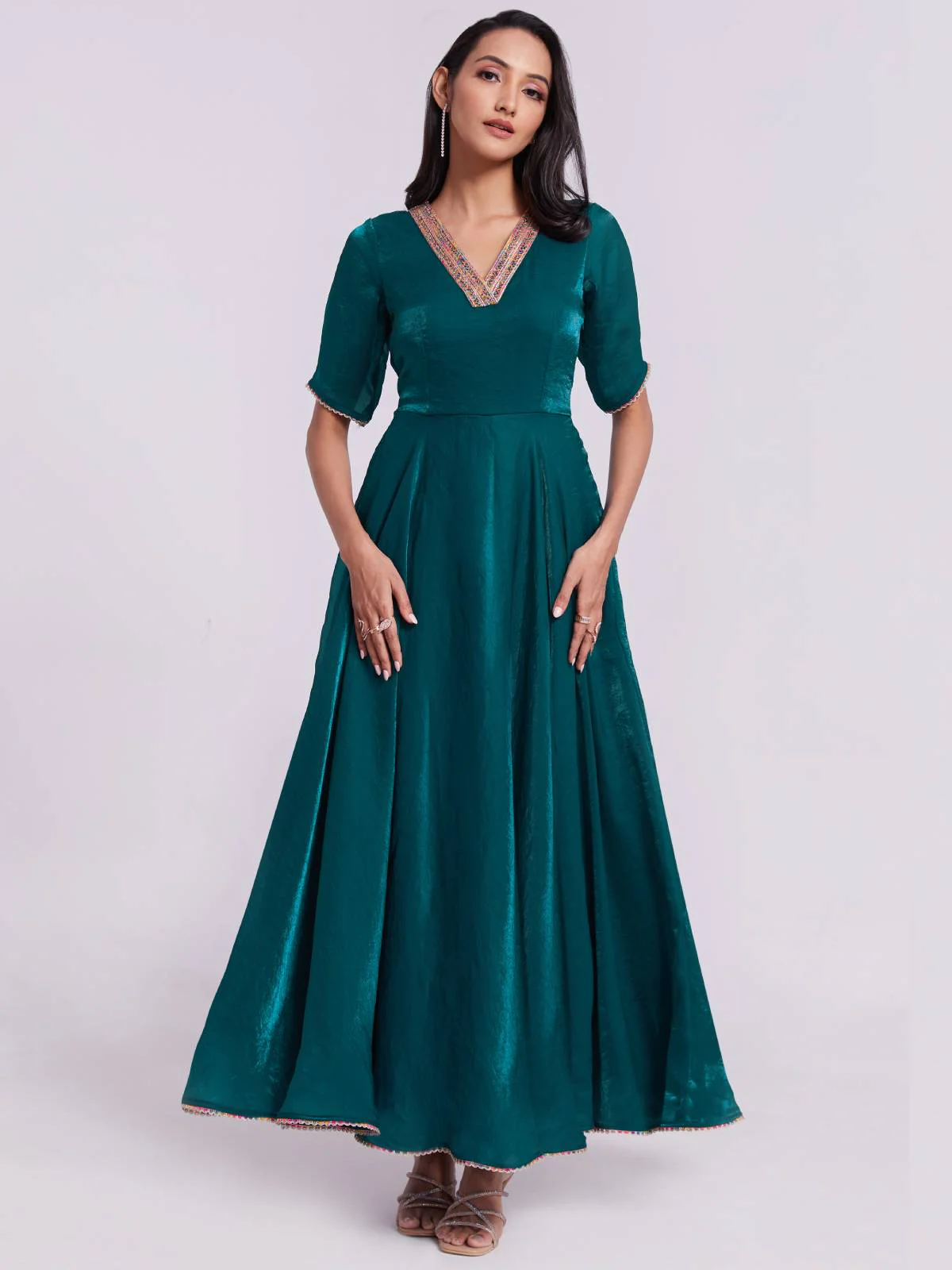 Odette Teal Organza Solid Stitched Gown For Women - Image 3