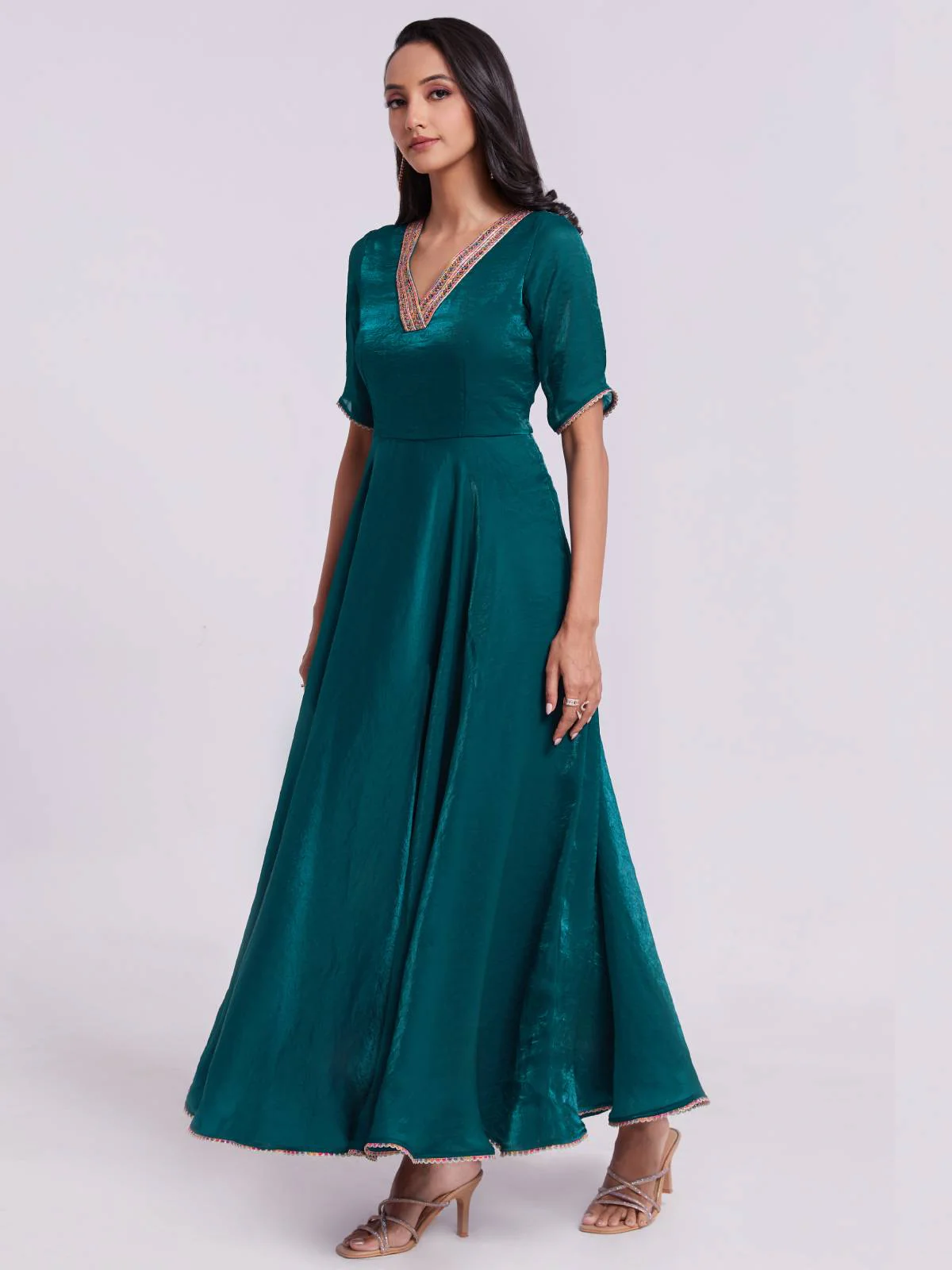 Odette Teal Organza Solid Stitched Gown For Women - Image 4