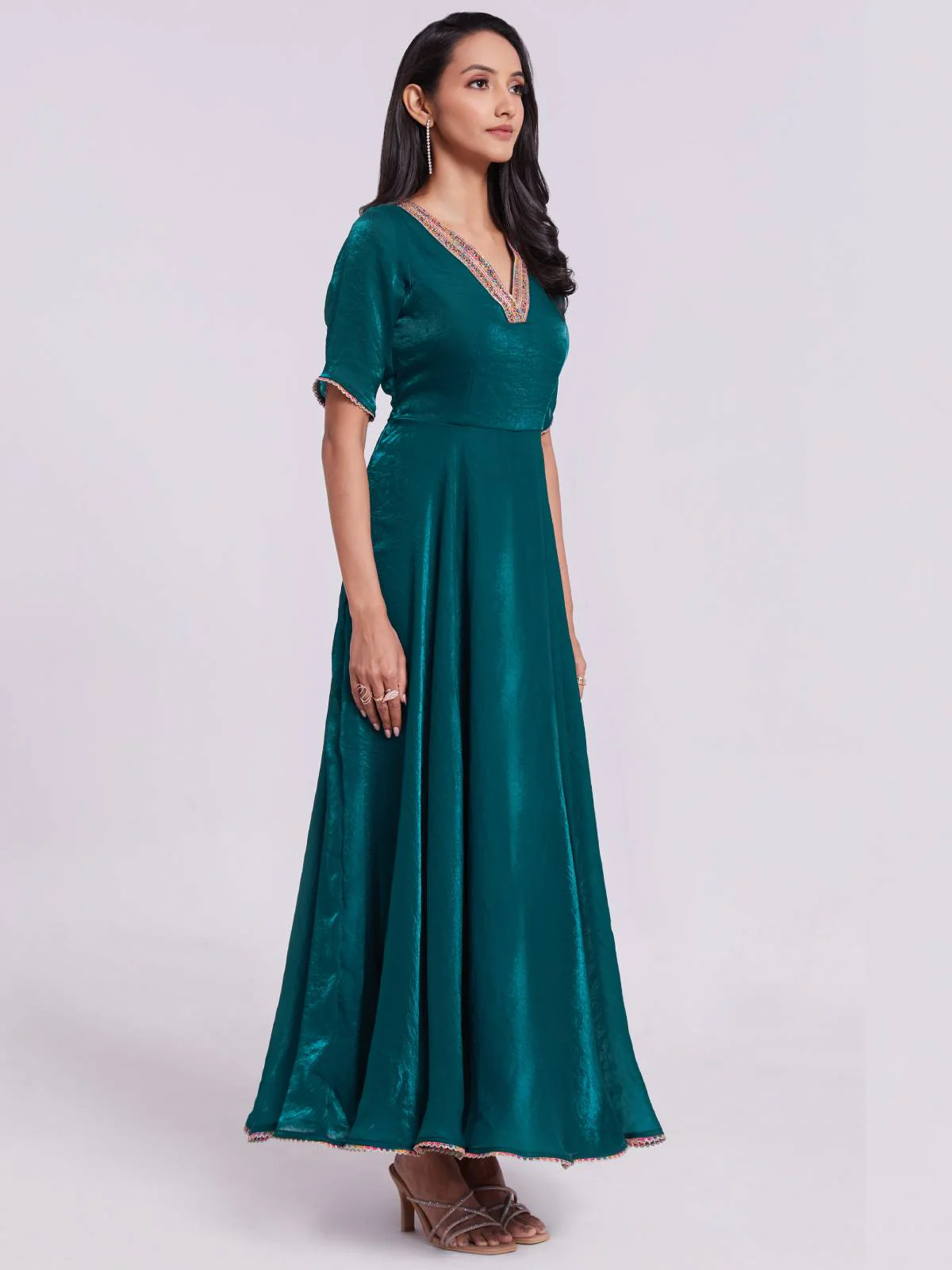 Odette Teal Organza Solid Stitched Gown For Women - Image 5