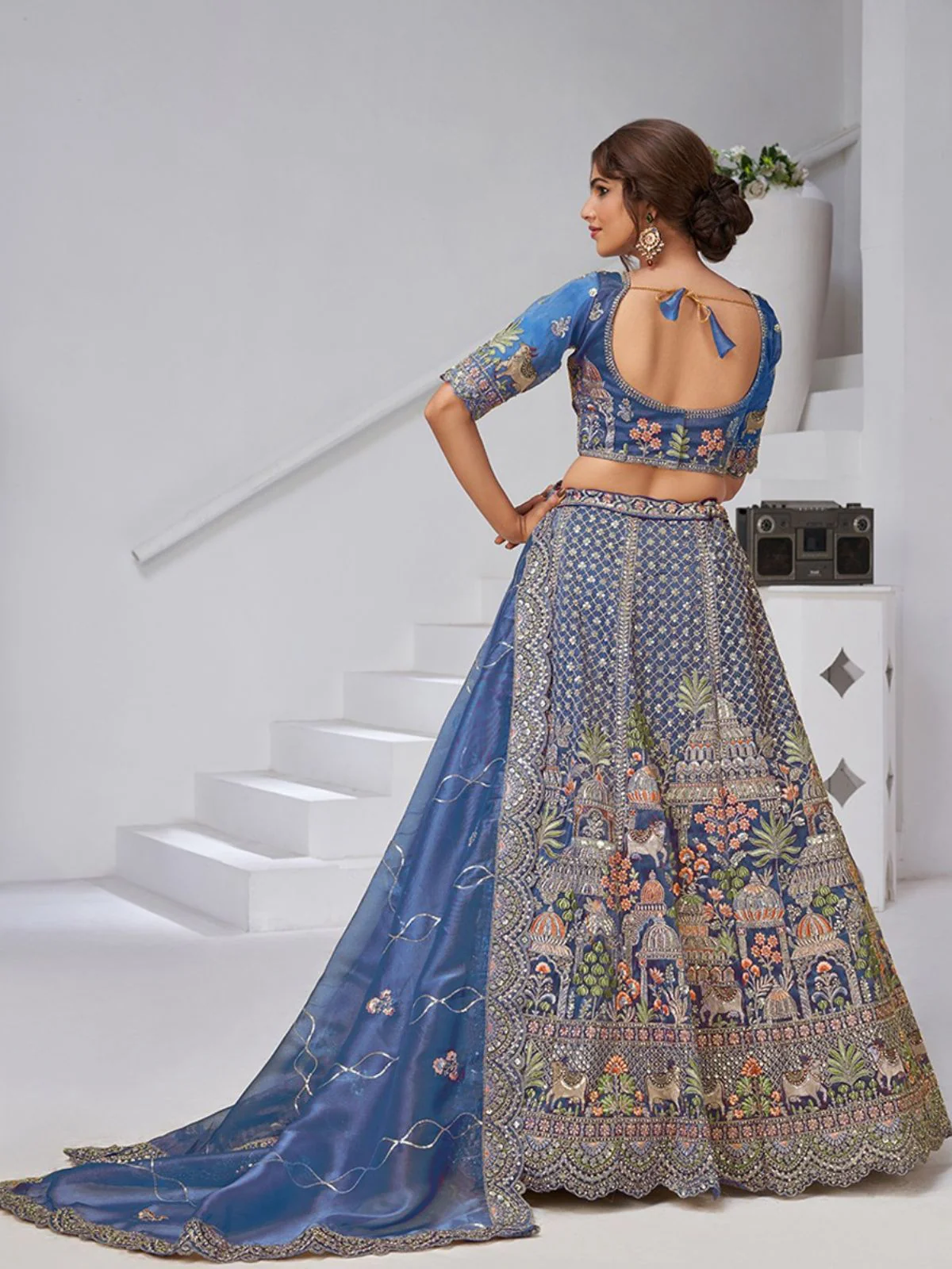 Odette Blue Organza Tissue Embroidered Semi-Stitched Lehenga For Women - Image 2