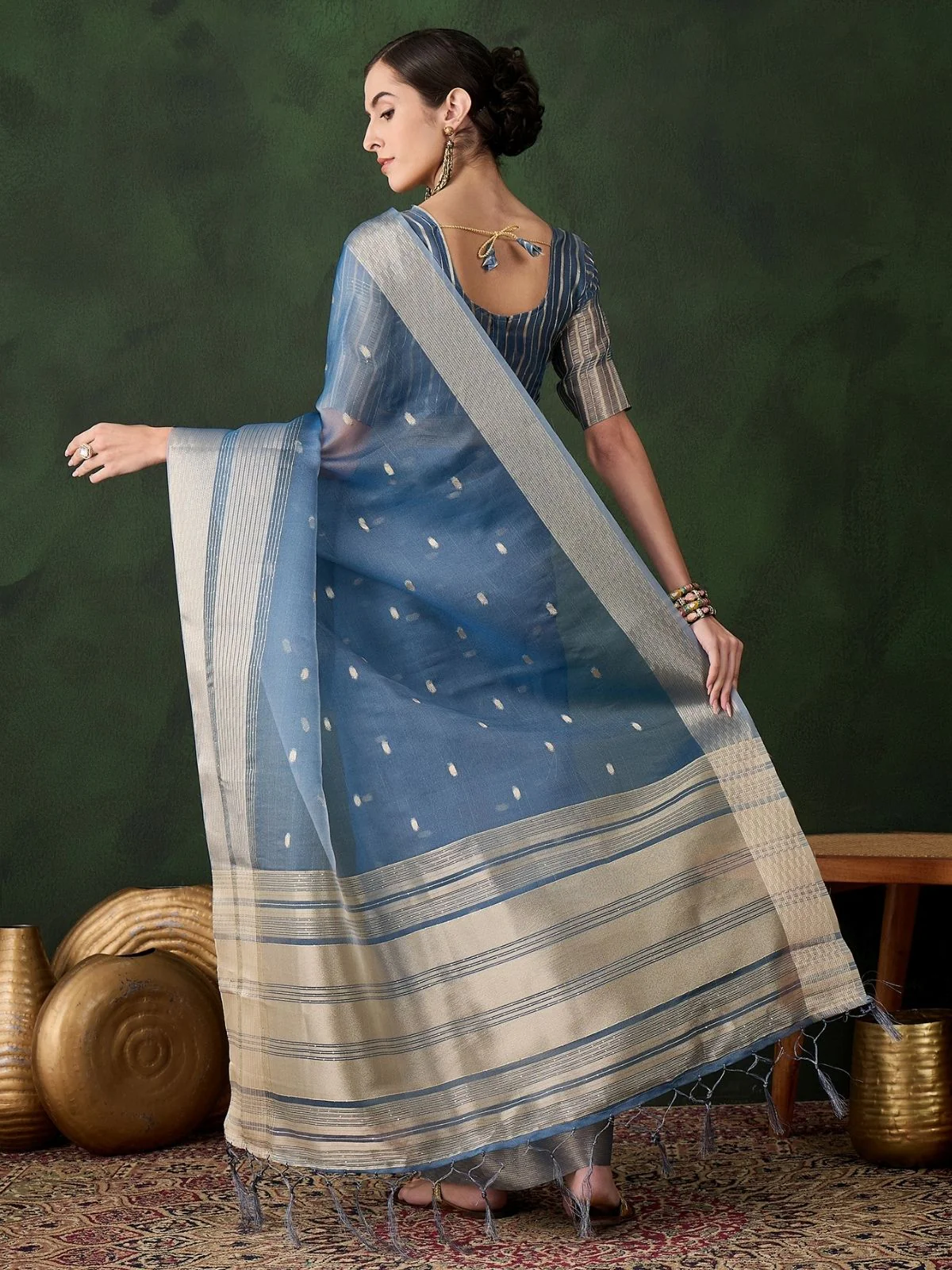 Odette Blue Organza Woven Saree With Unstitched Blouse For Women - Image 4