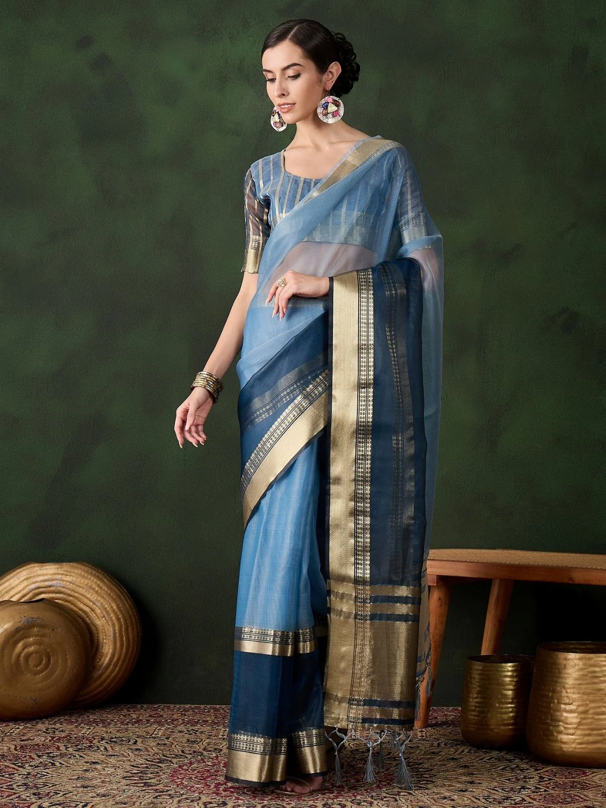 Odette Blue Organza Woven Saree With Unstitched Blouse For Women