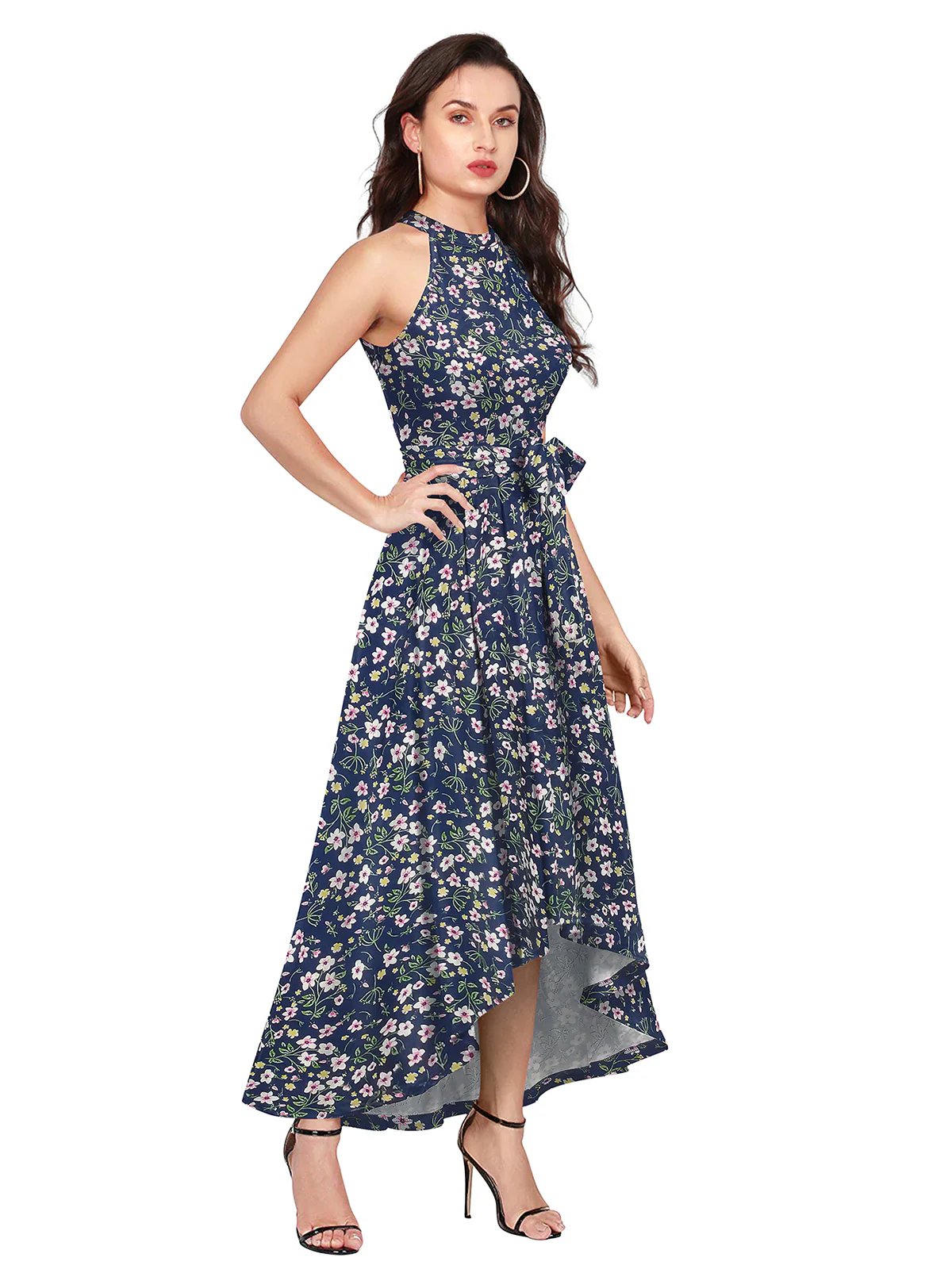 Odette Blue Polyester Asymmetric Printed Dress For Women - Image 3