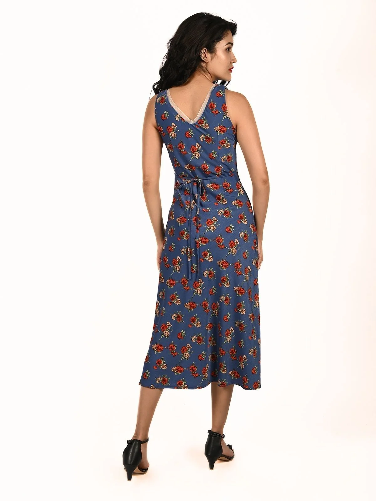 Odette Blue Polyster Lycra Printed Dress For Women - Image 3