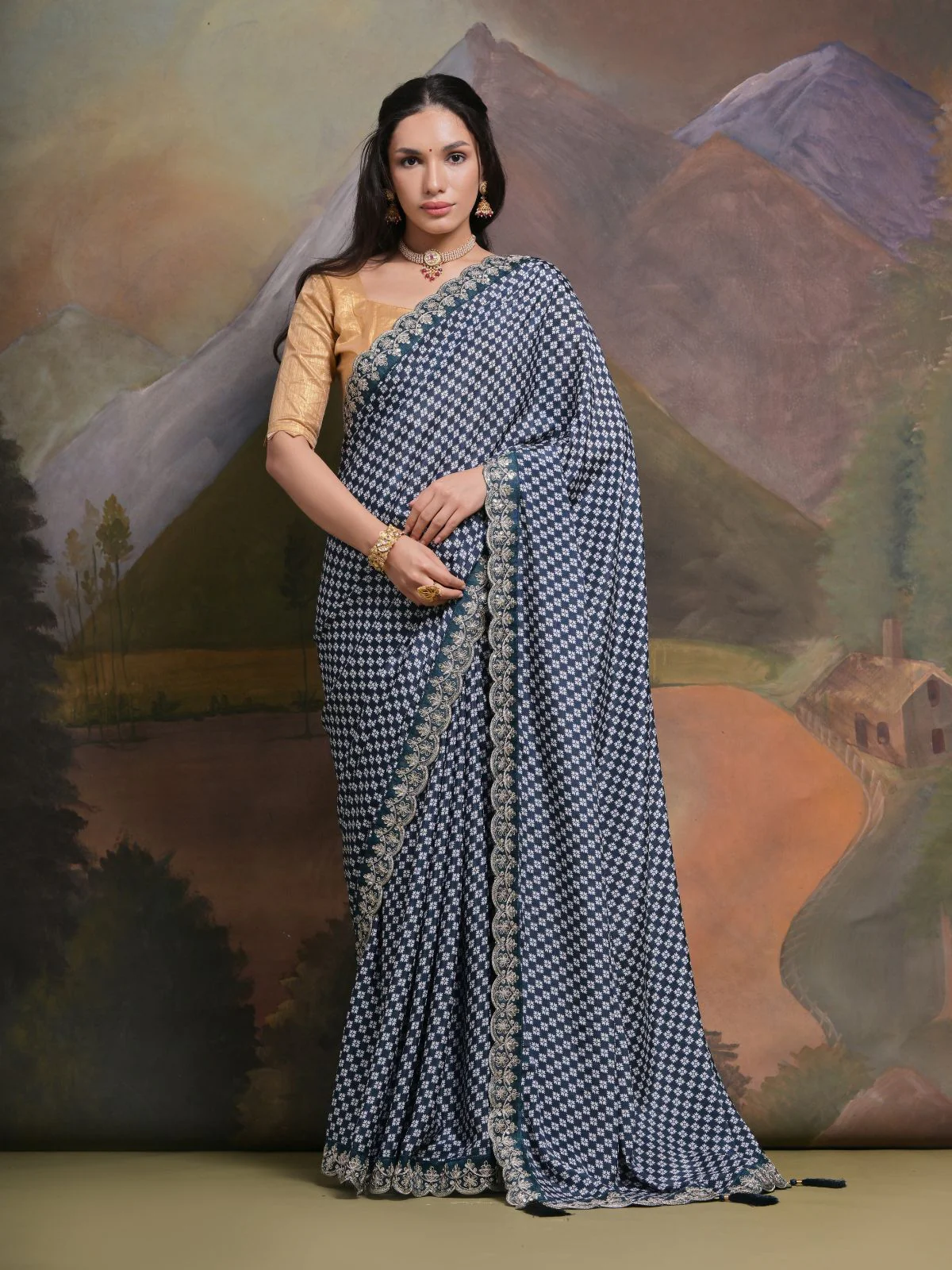 Odette Blue Printed Chiffon Saree With Unstitched Blouse For Women