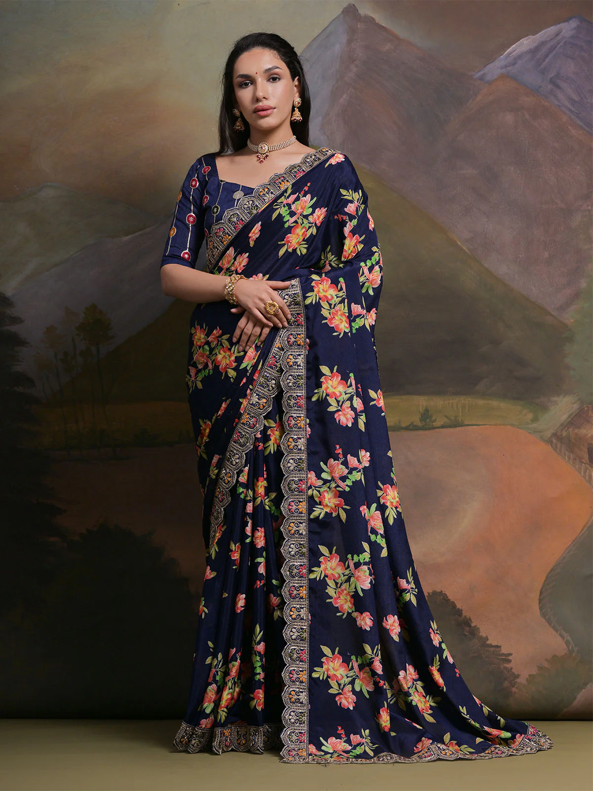 Odette Blue Printed Chiffon Saree With Unstitched Blouse For Women