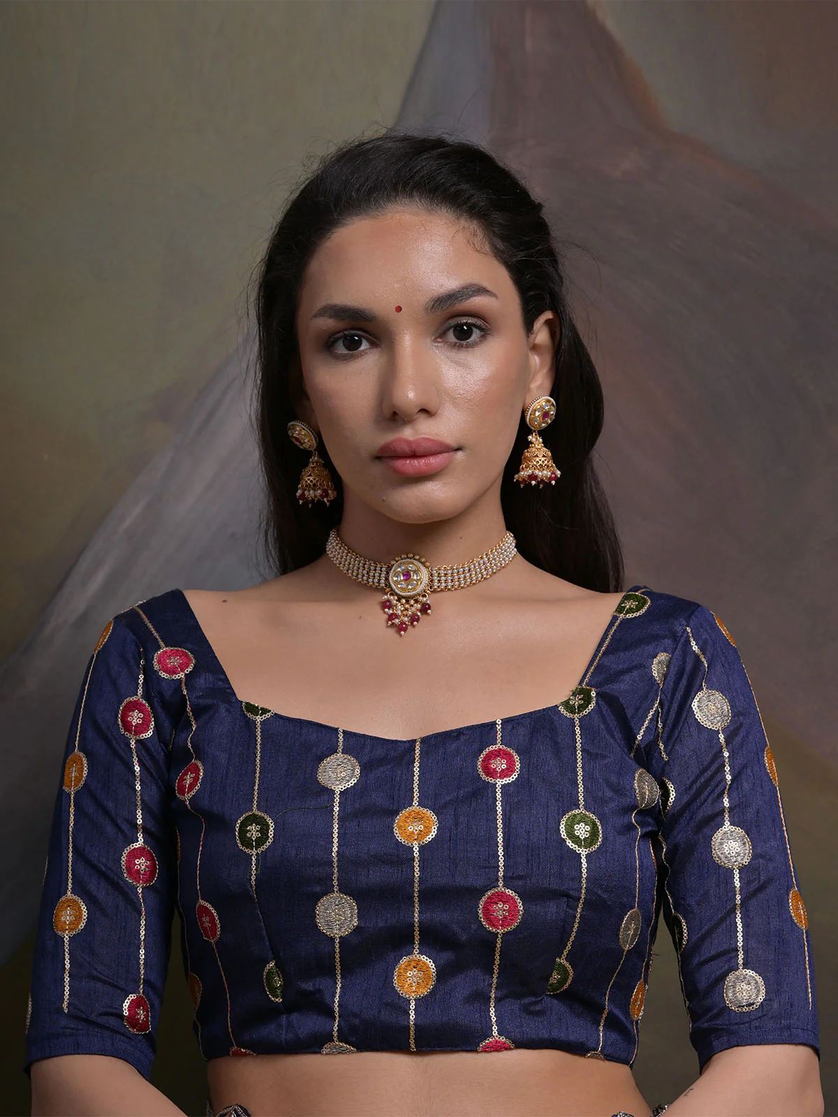 Odette Blue Printed Chiffon Saree With Unstitched Blouse For Women - Image 6