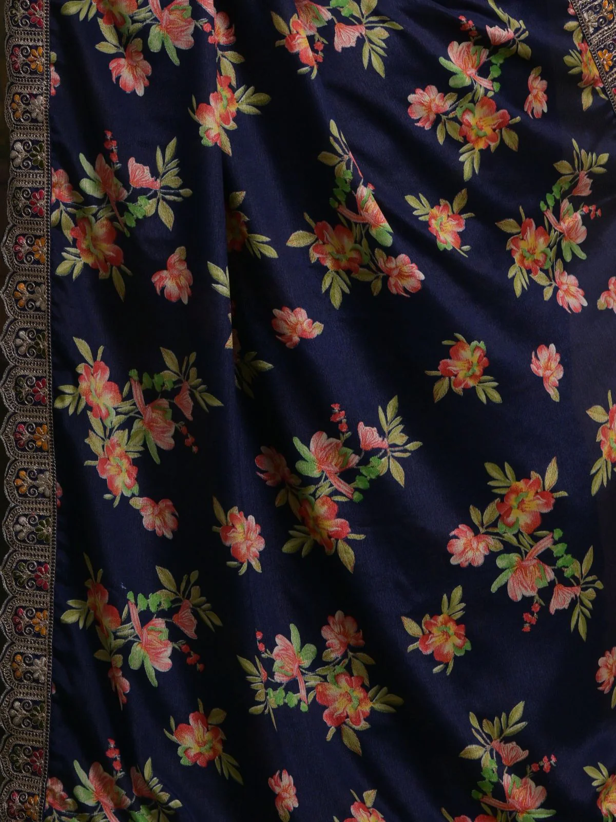 Odette Blue Printed Chiffon Saree With Unstitched Blouse For Women - Image 8