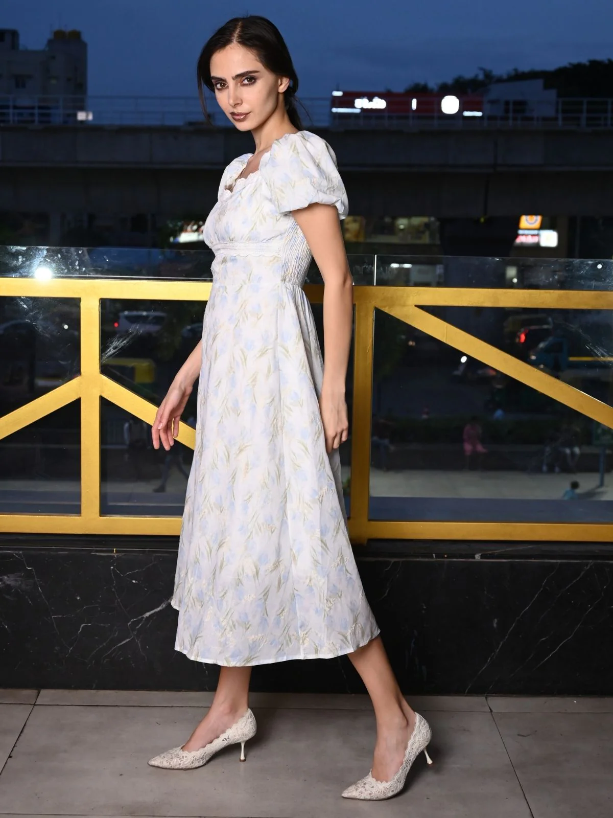 Odette White And Blue Printed Cotton Dress for Women - Image 3