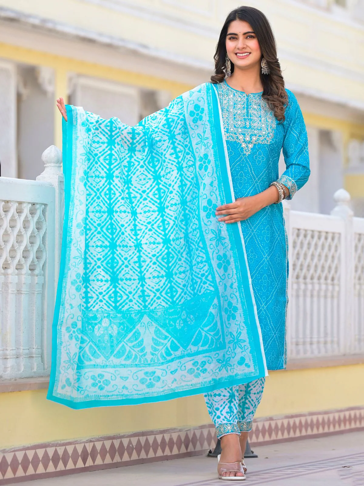 Odette Blue Printed Cotton Stitched Kurta Set For Women