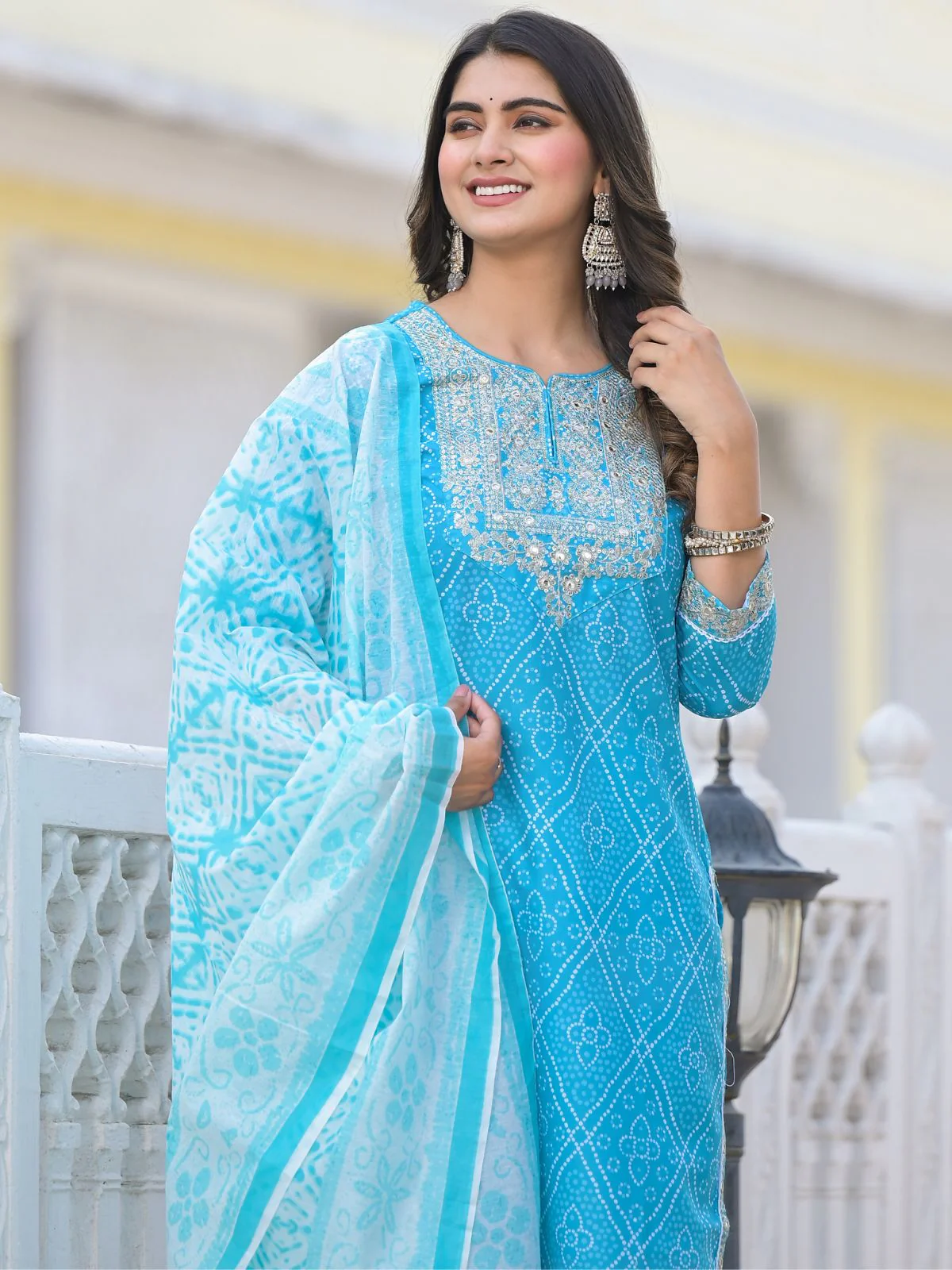 Odette Blue Printed Cotton Stitched Kurta Set For Women - Image 3
