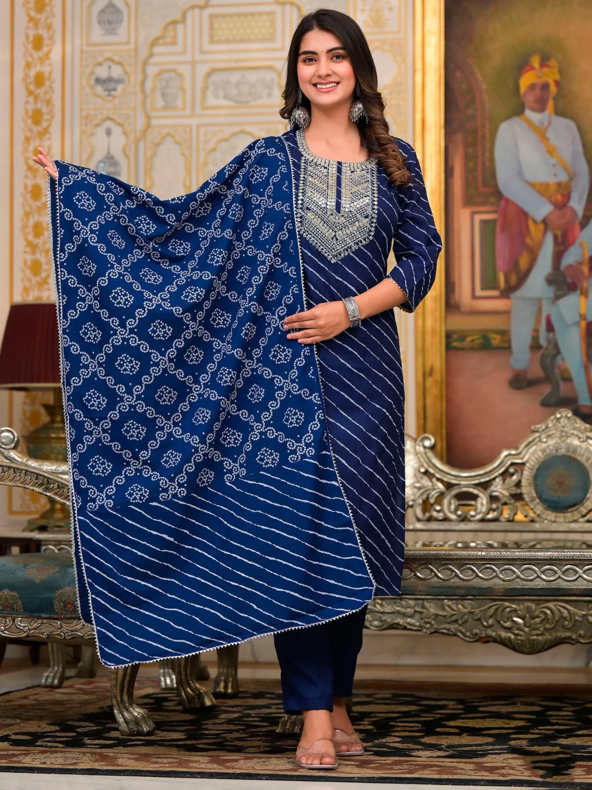 Odette Blue Printed Cotton Stitched Kurta Set For Women