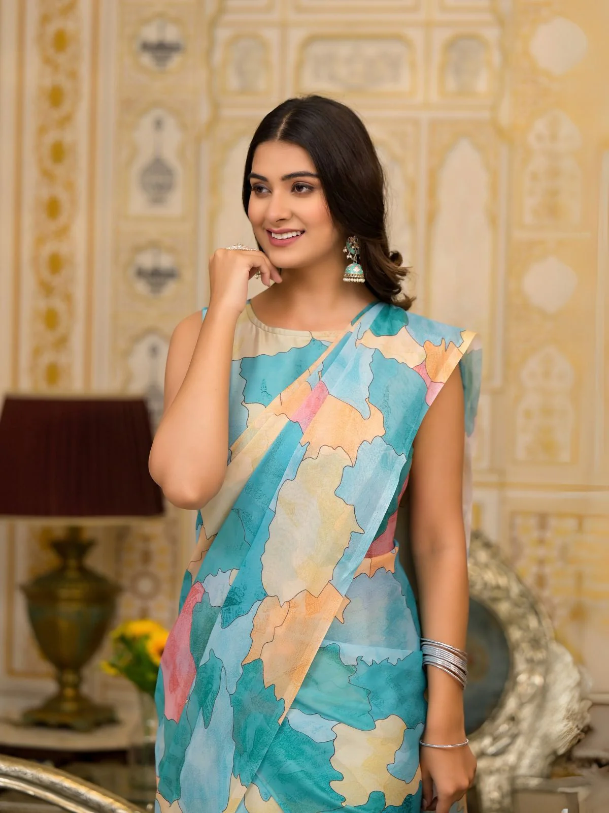 Odette Blue Printed Georgette Ready To Wear Saree For Women - Image 4