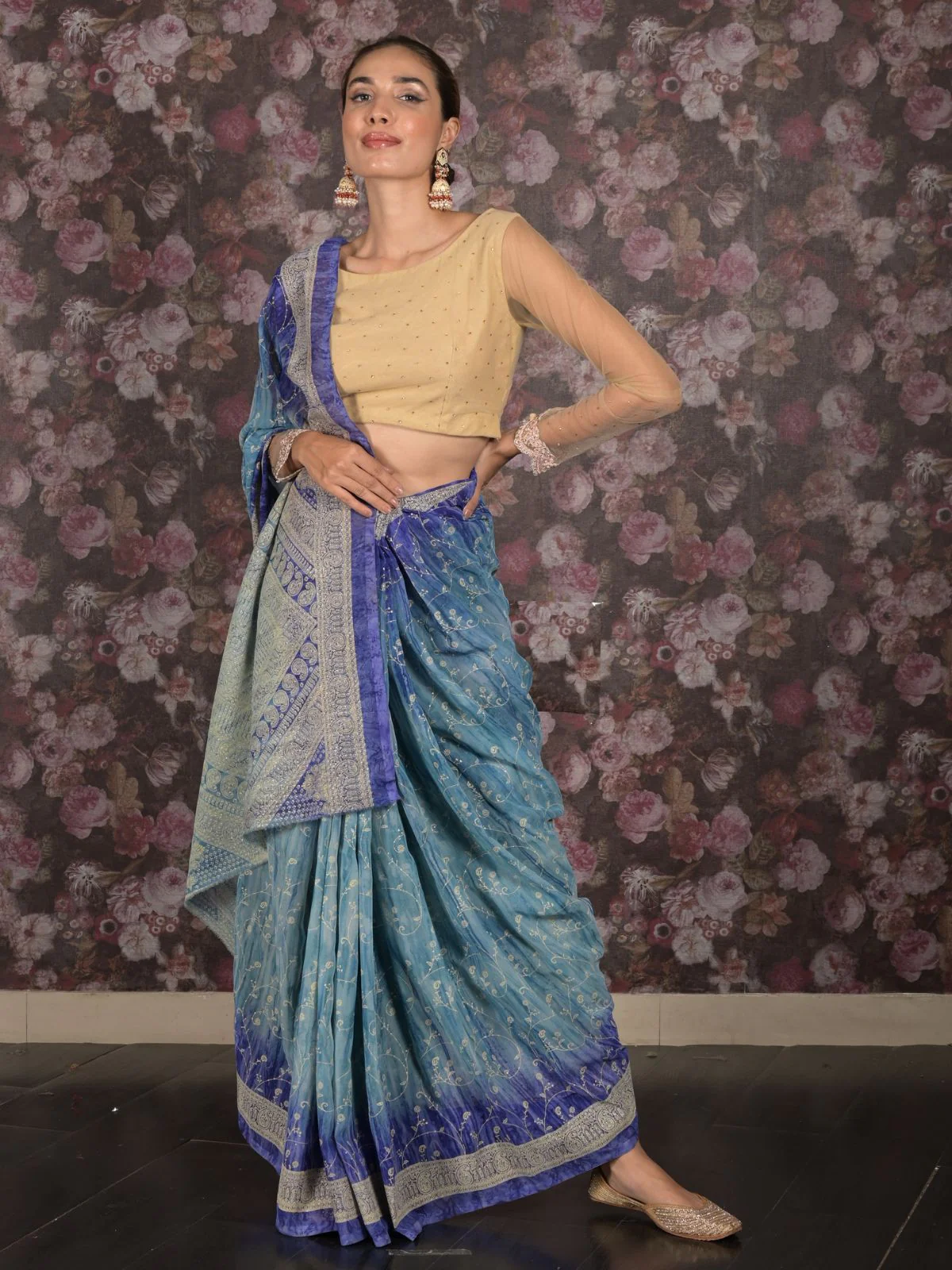 Odette Blue Printed Georgette Saree for Women