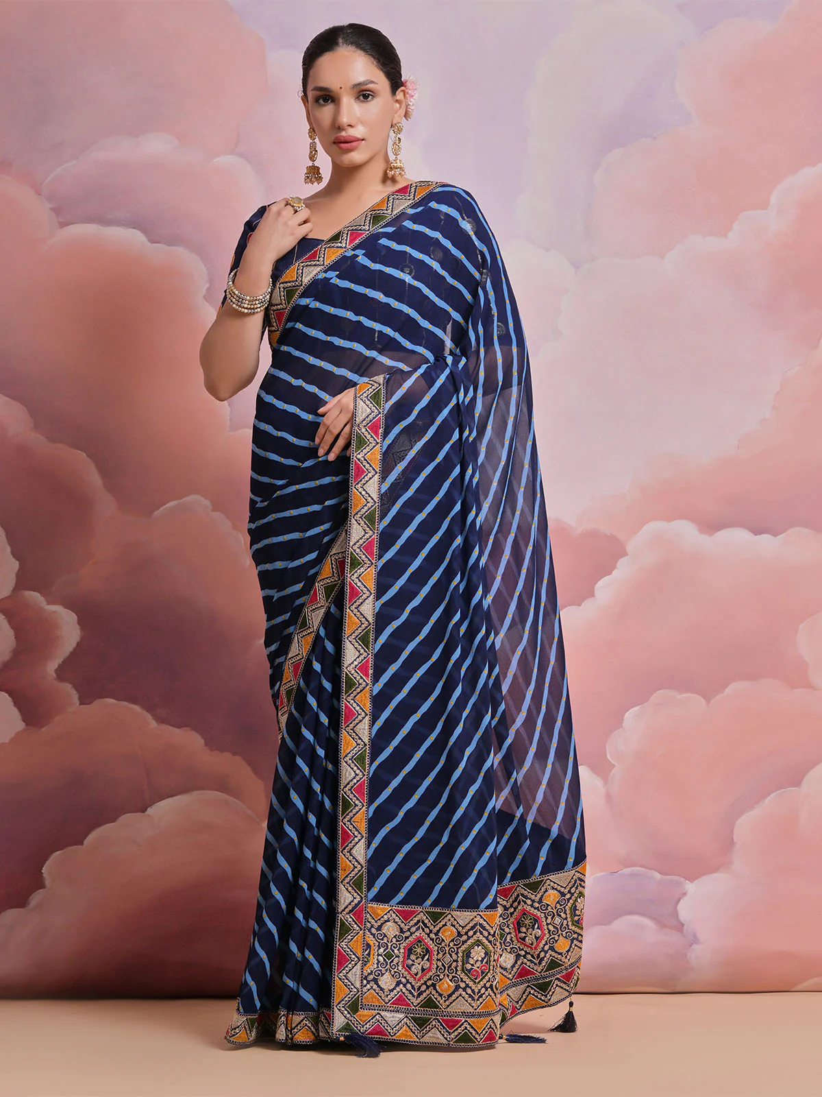 Odette Blue Printed Georgette Saree With Unstitched Blouse For Women