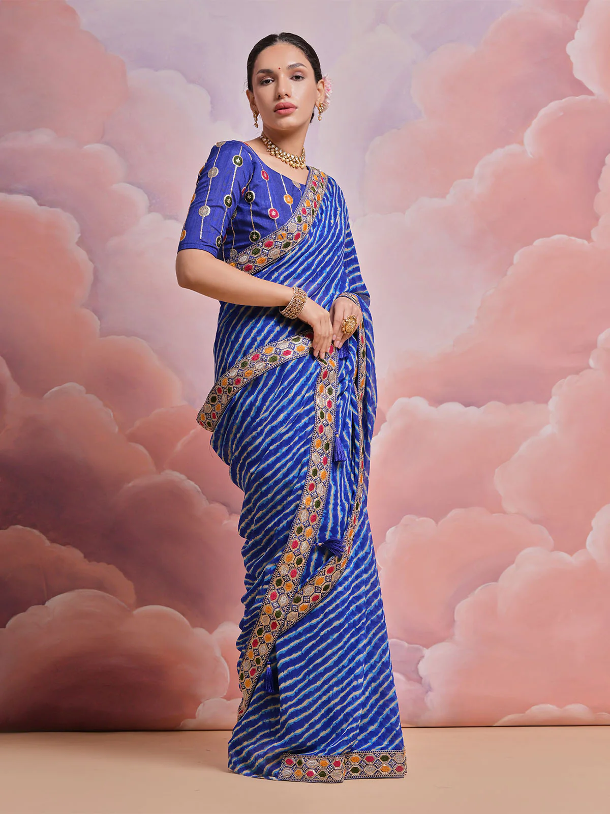Odette Blue Printed Georgette Saree With Unstitched Blouse For Women - Image 2
