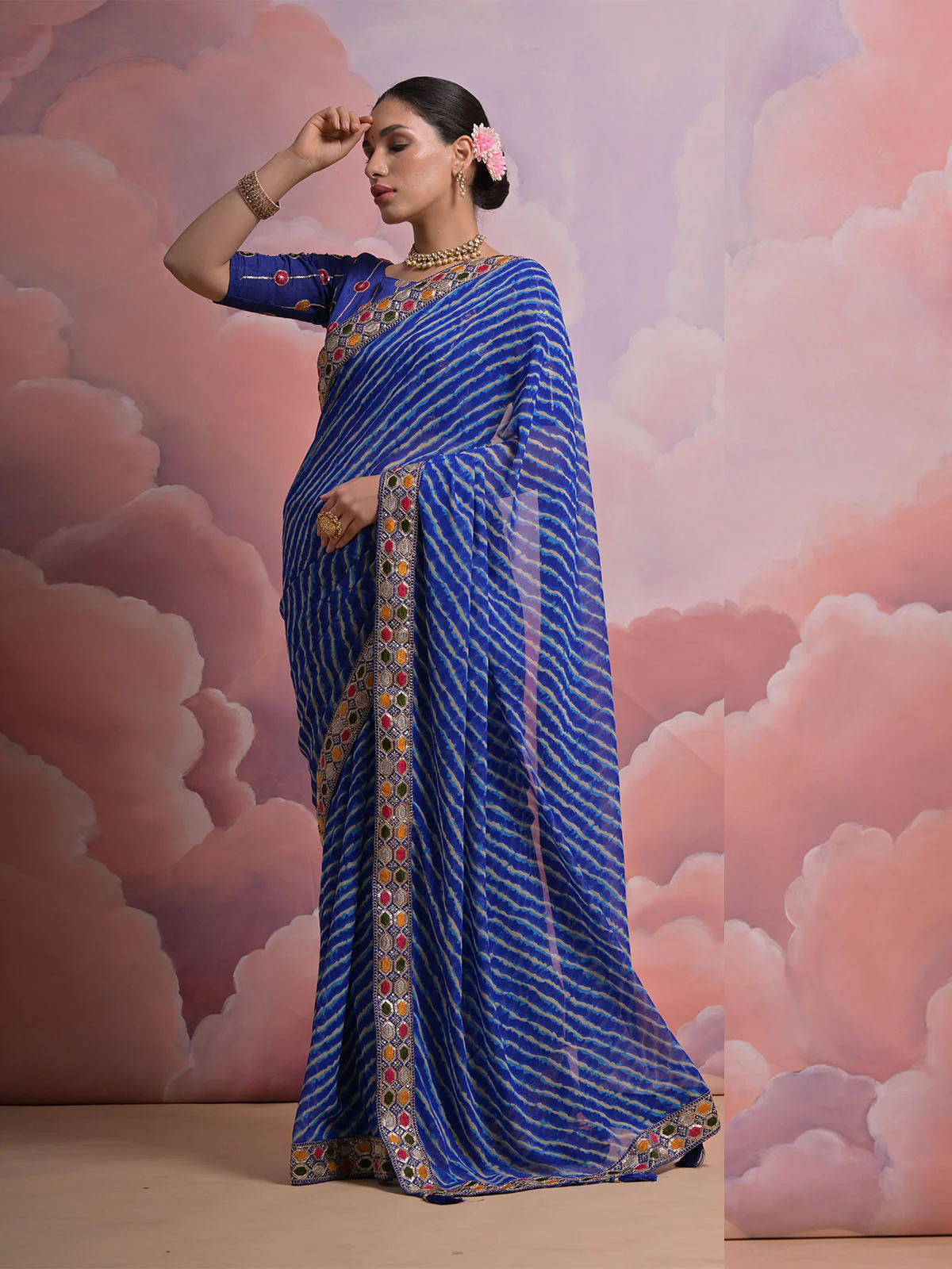 Odette Blue Printed Georgette Saree With Unstitched Blouse For Women - Image 3