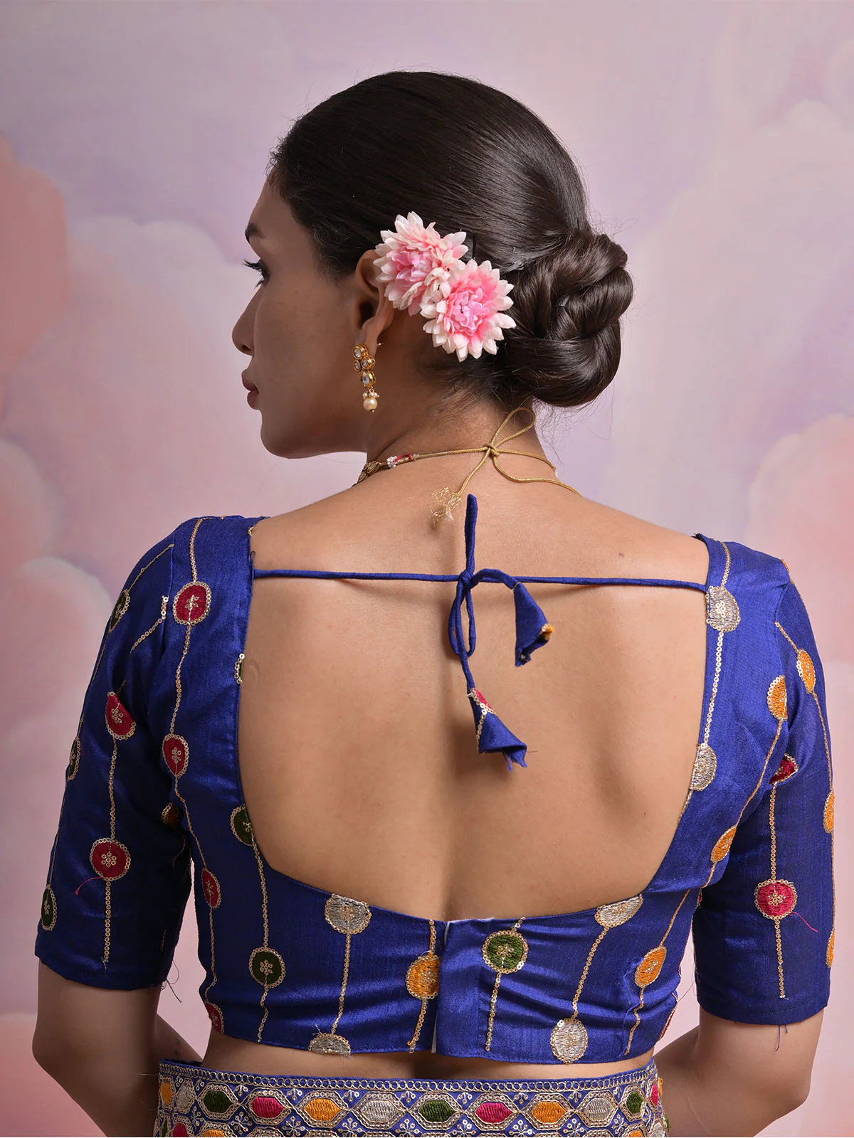 Odette Blue Printed Georgette Saree With Unstitched Blouse For Women - Image 7