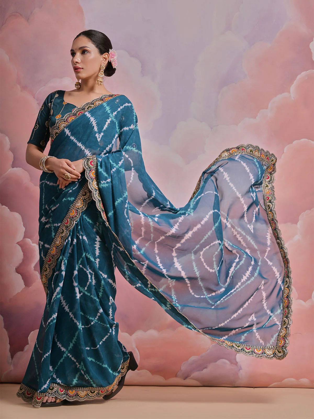 Odette Blue Printed Georgette Saree With Unstitched Blouse For Women - Image 3