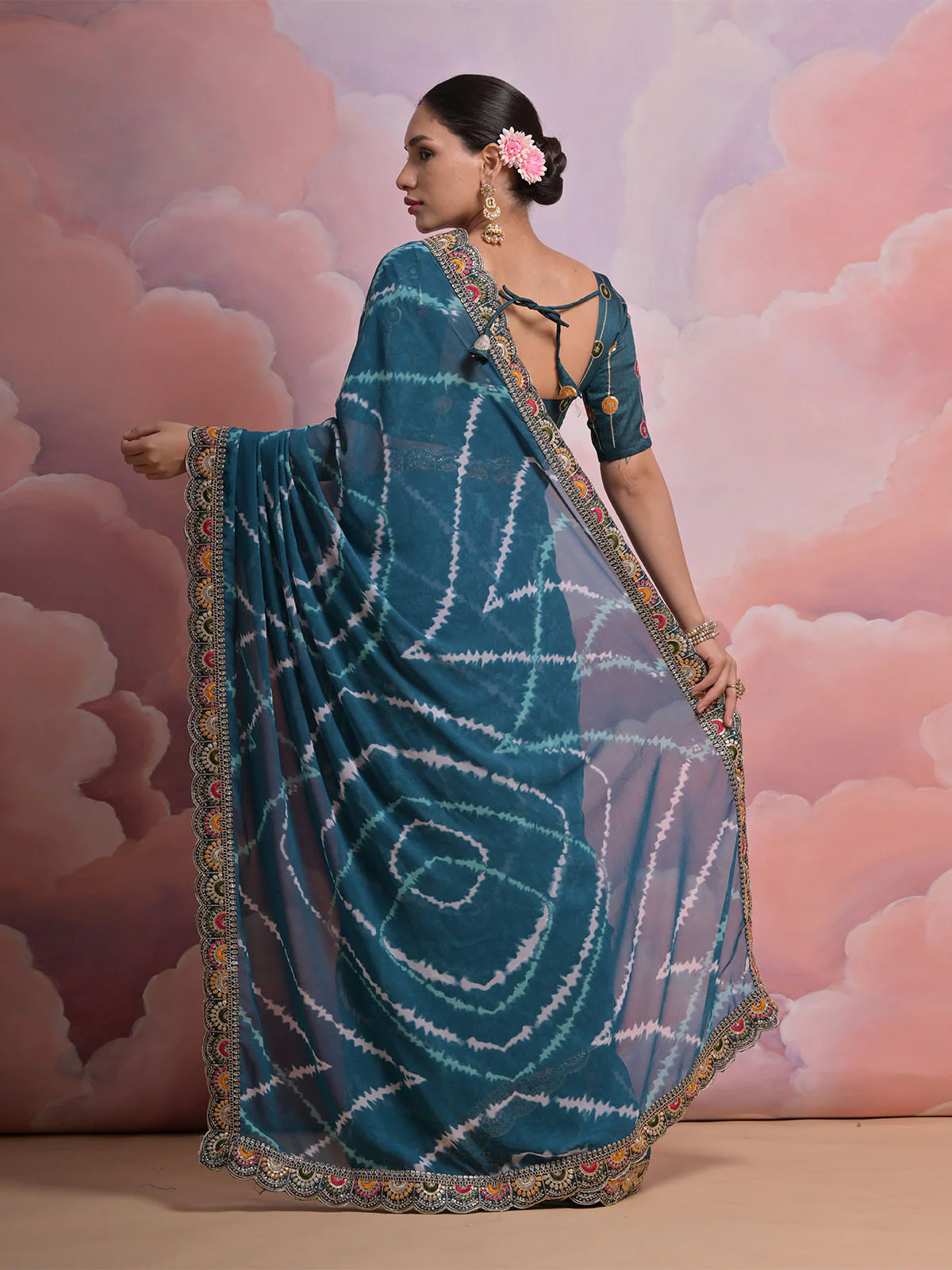 Odette Blue Printed Georgette Saree With Unstitched Blouse For Women - Image 5