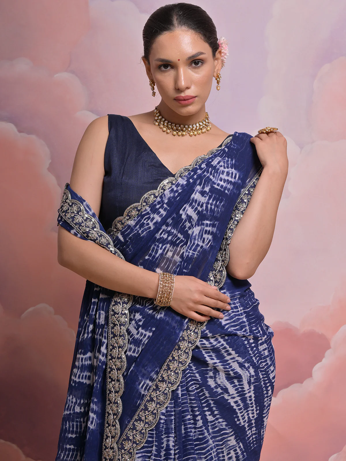 Odette Blue Printed Georgette Saree With Unstitched Blouse For Women - Image 5