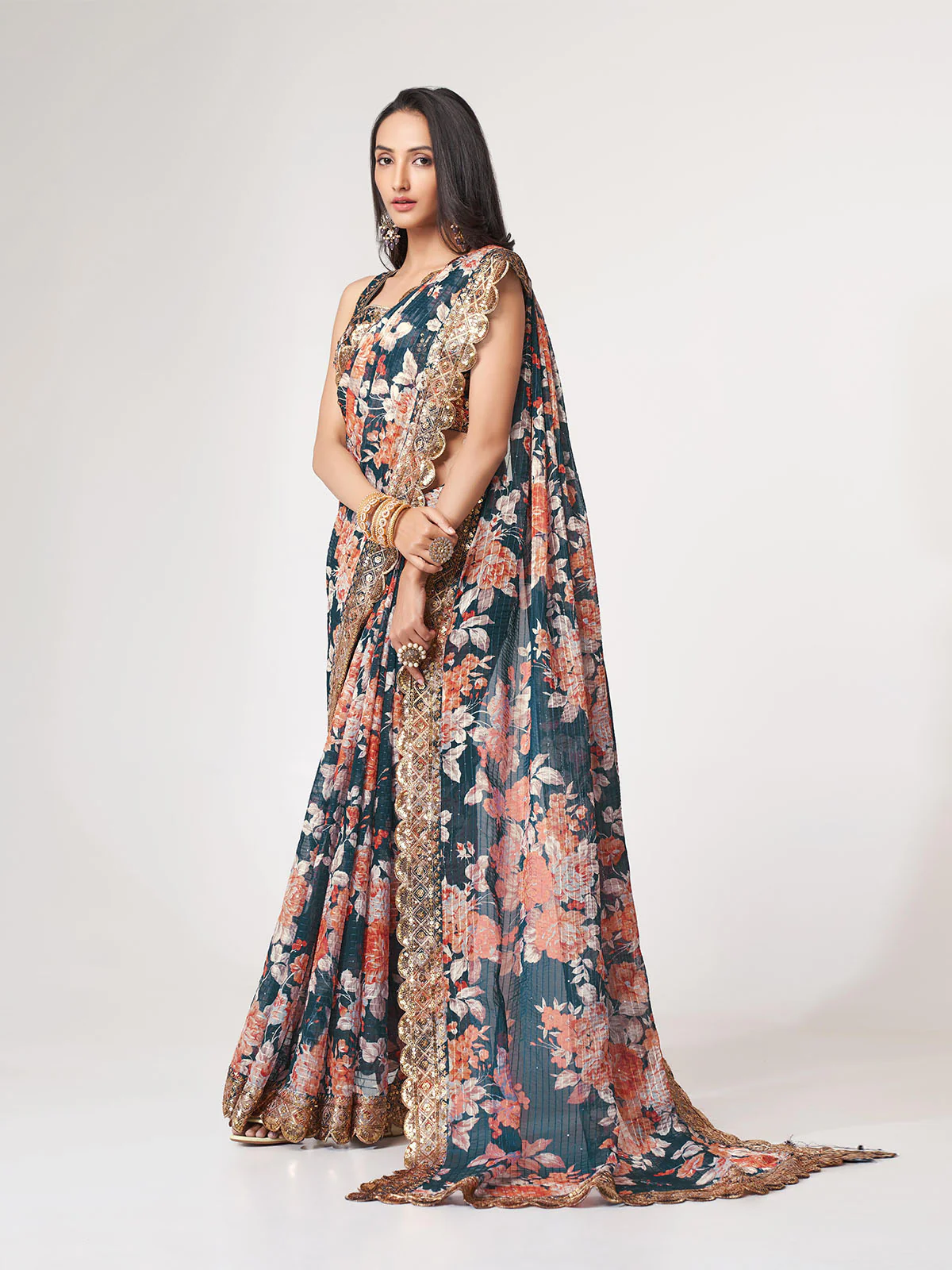 Odette Dark Blue Printed Organza Saree With Unstitched Blouse For Women - Image 3
