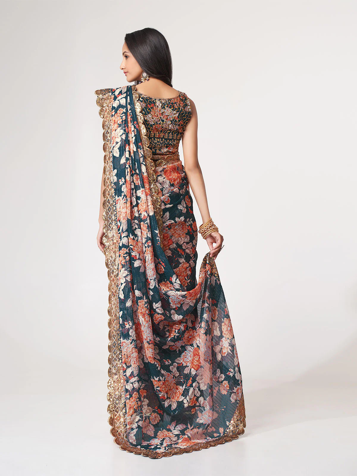 Odette Dark Blue Printed Organza Saree With Unstitched Blouse For Women - Image 4