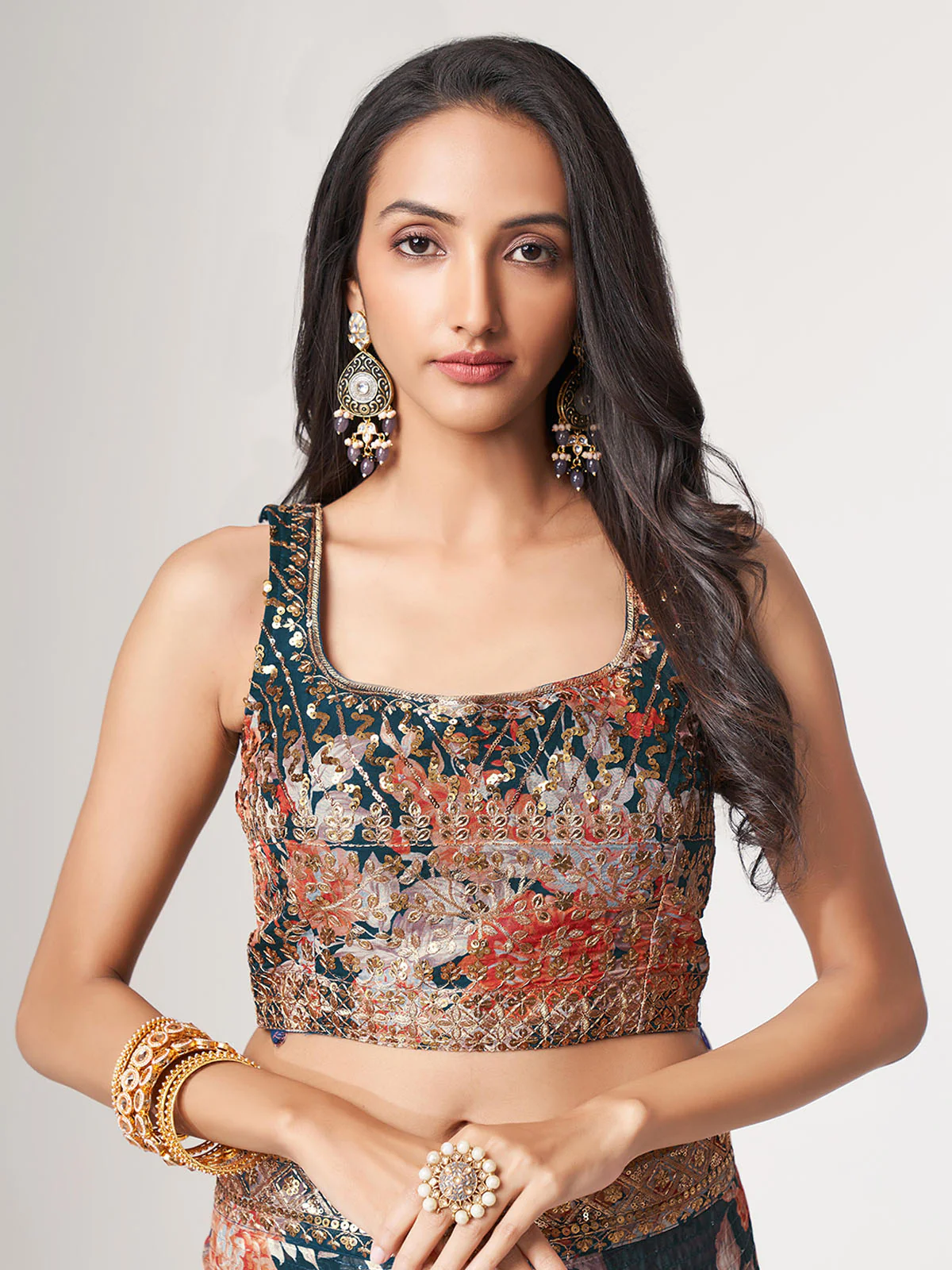 Odette Dark Blue Printed Organza Saree With Unstitched Blouse For Women - Image 6