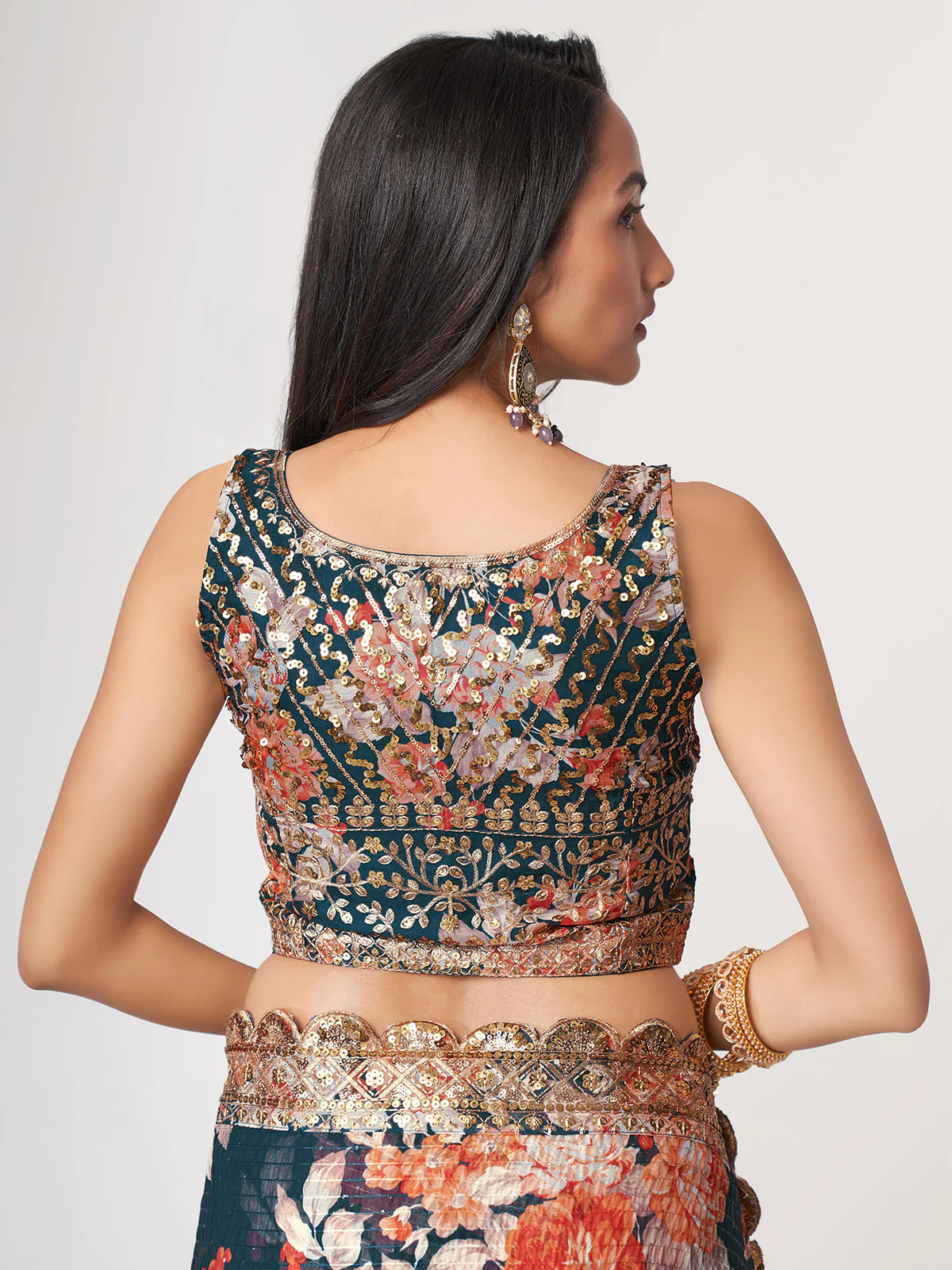 Odette Dark Blue Printed Organza Saree With Unstitched Blouse For Women - Image 7