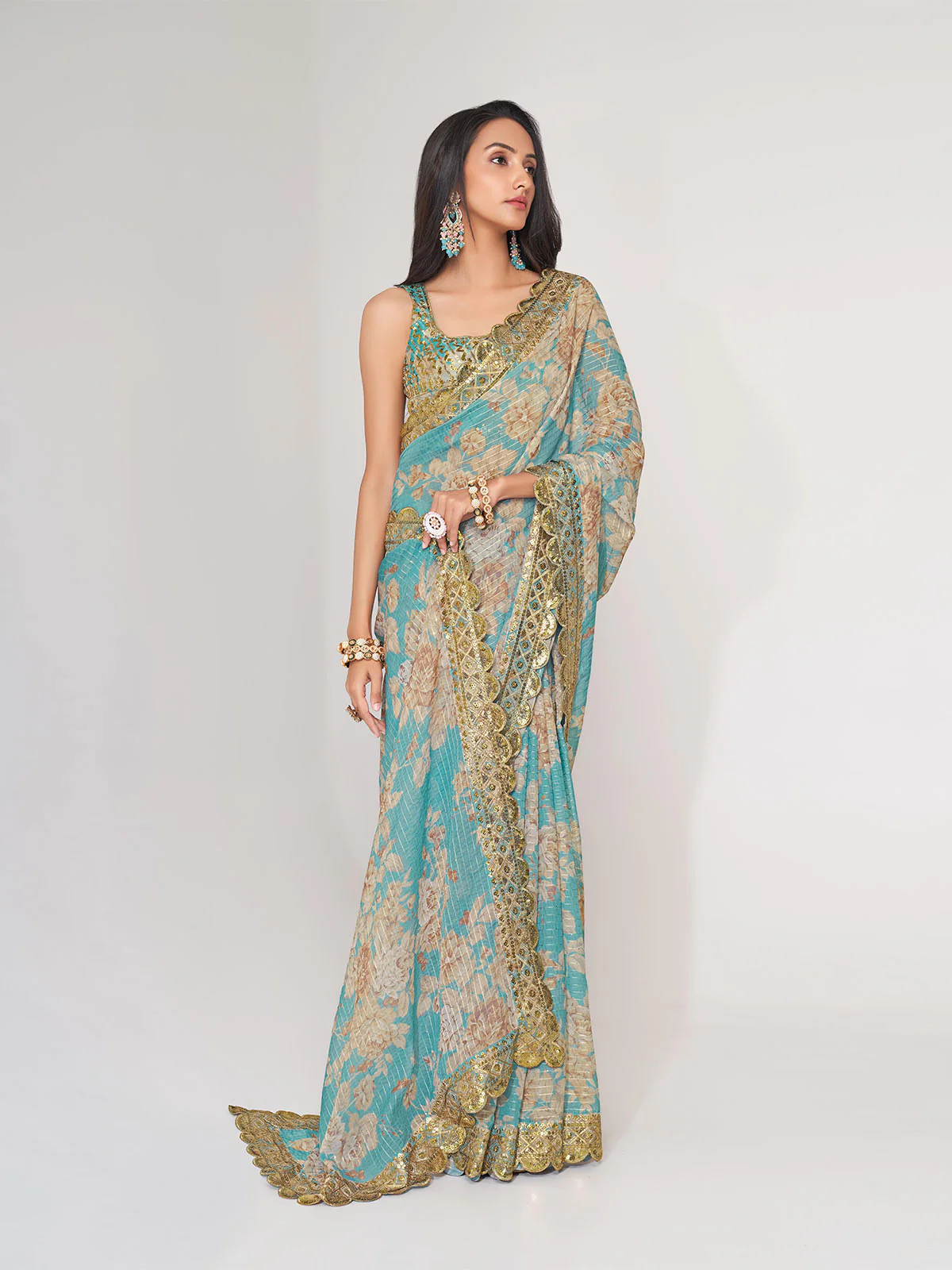 Odette Blue Printed Organza Saree With Unstitched Blouse For Women - Image 2