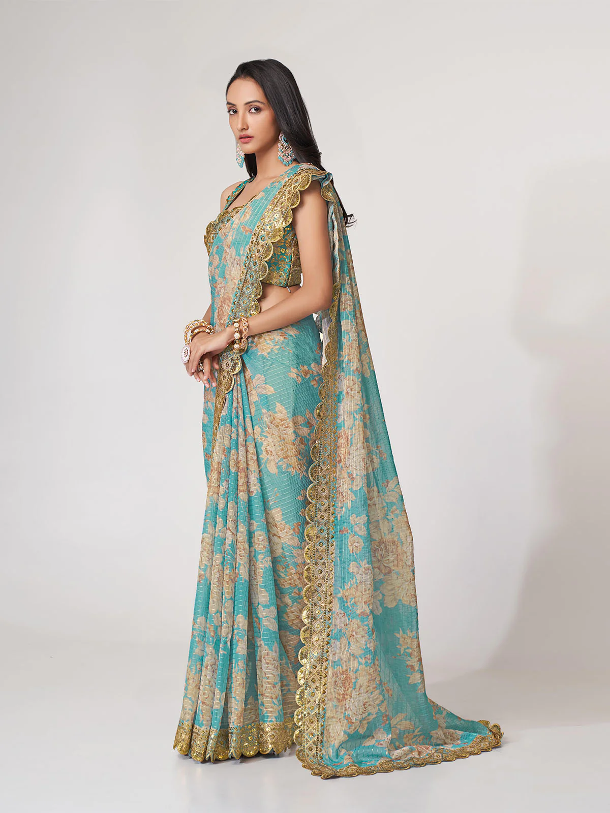 Odette Blue Printed Organza Saree With Unstitched Blouse For Women - Image 3