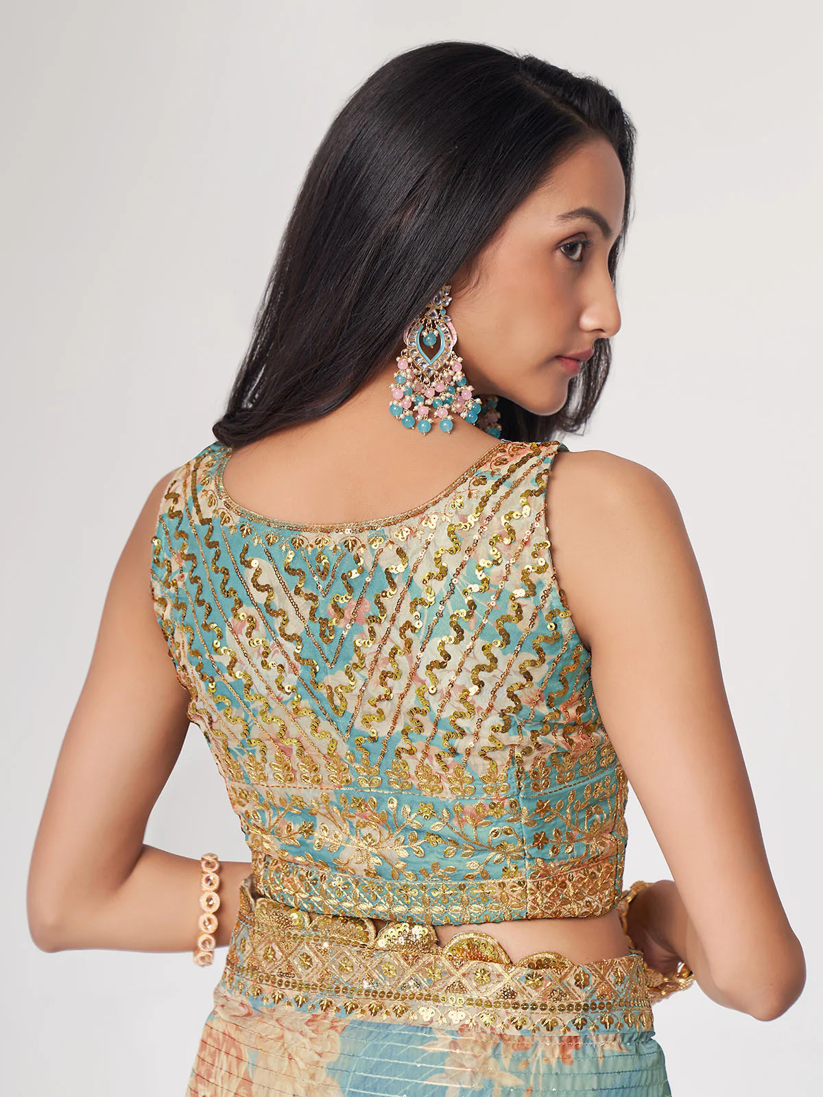 Odette Blue Printed Organza Saree With Unstitched Blouse For Women - Image 6