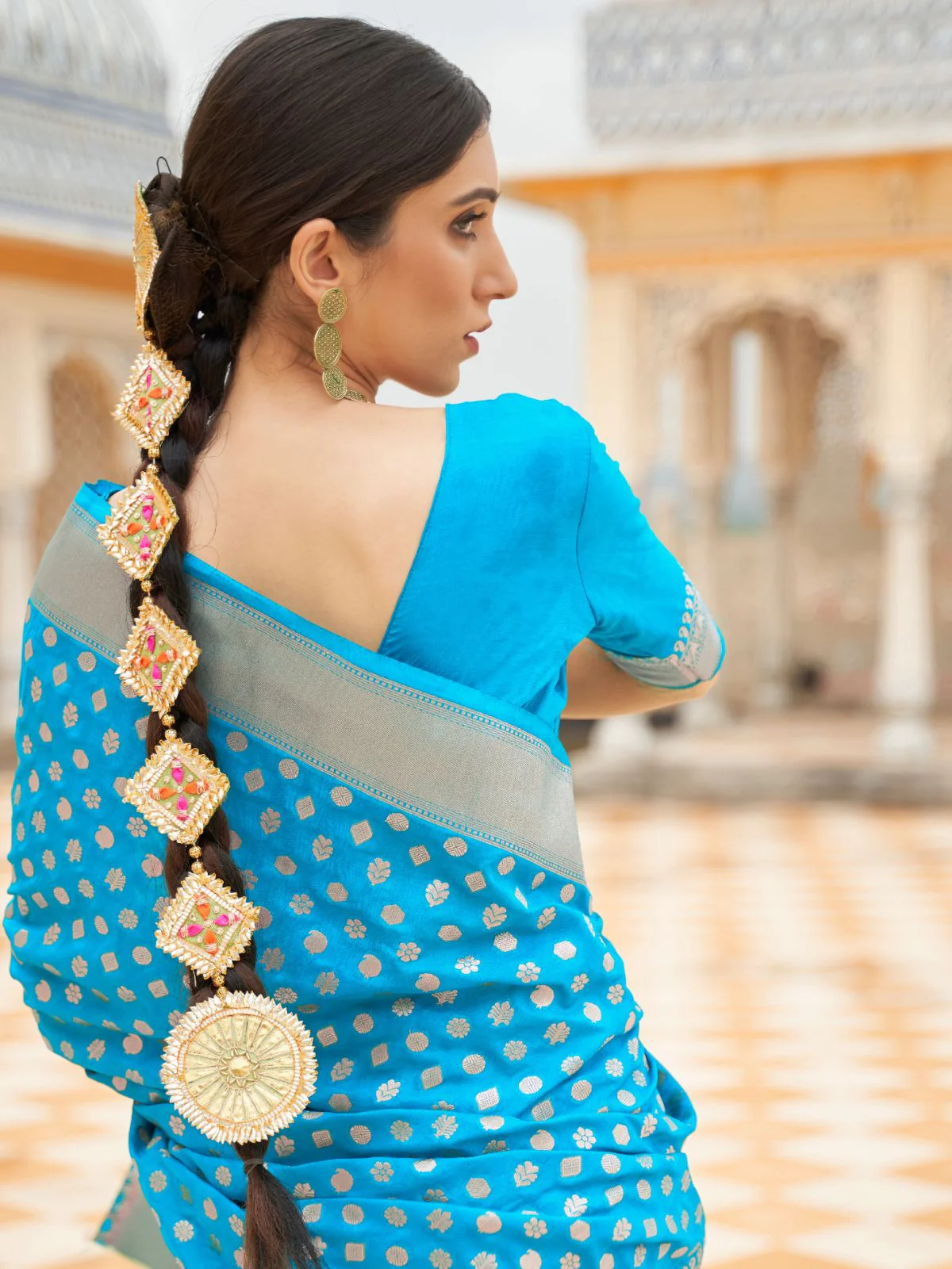 Odette Blue Woven Silk Blend Saree With Unstitched Blouse For Women - Image 4