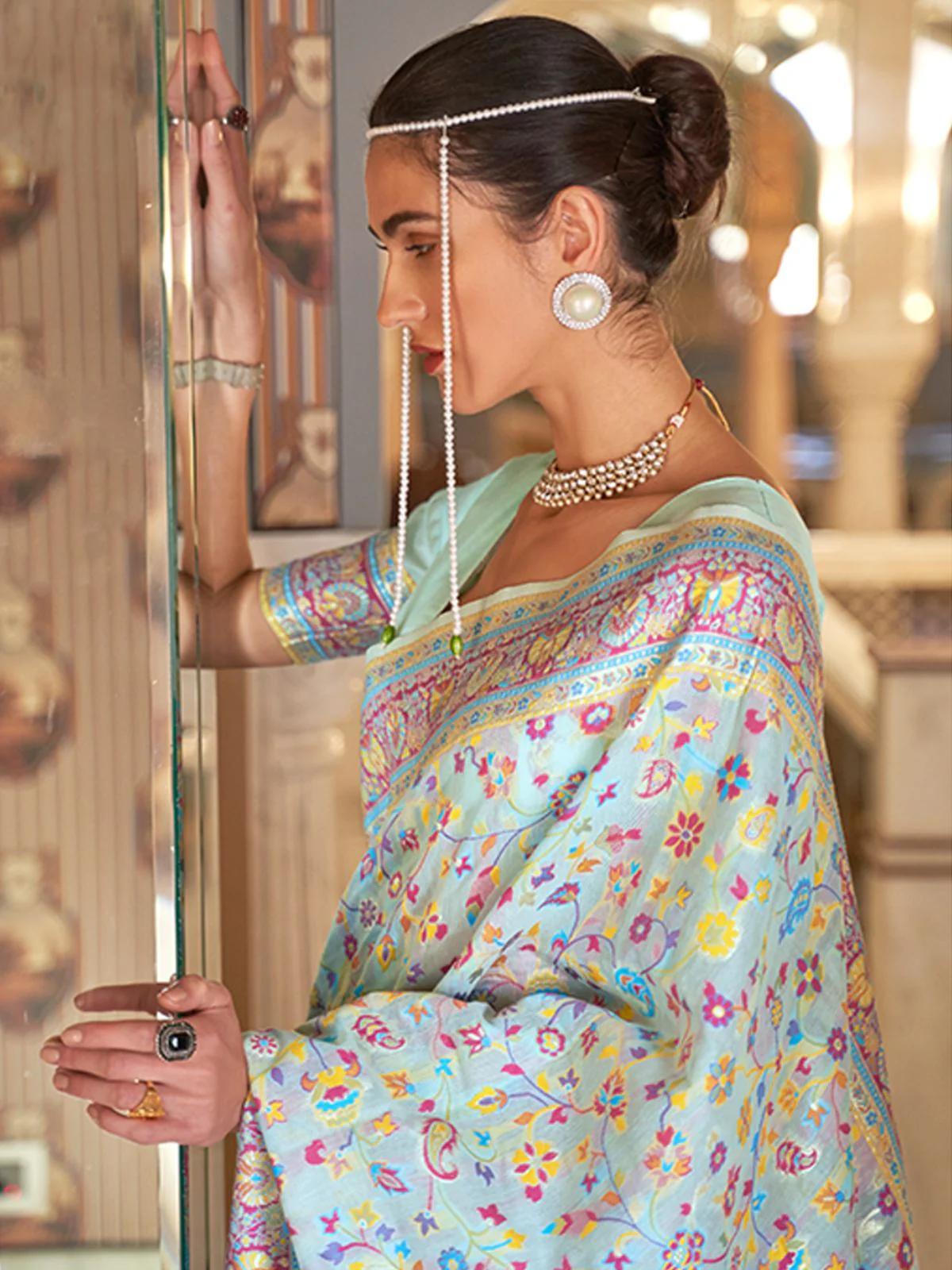 Odette Blue Woven Silk Blend Saree With Unstitched Blouse For Women - Image 2