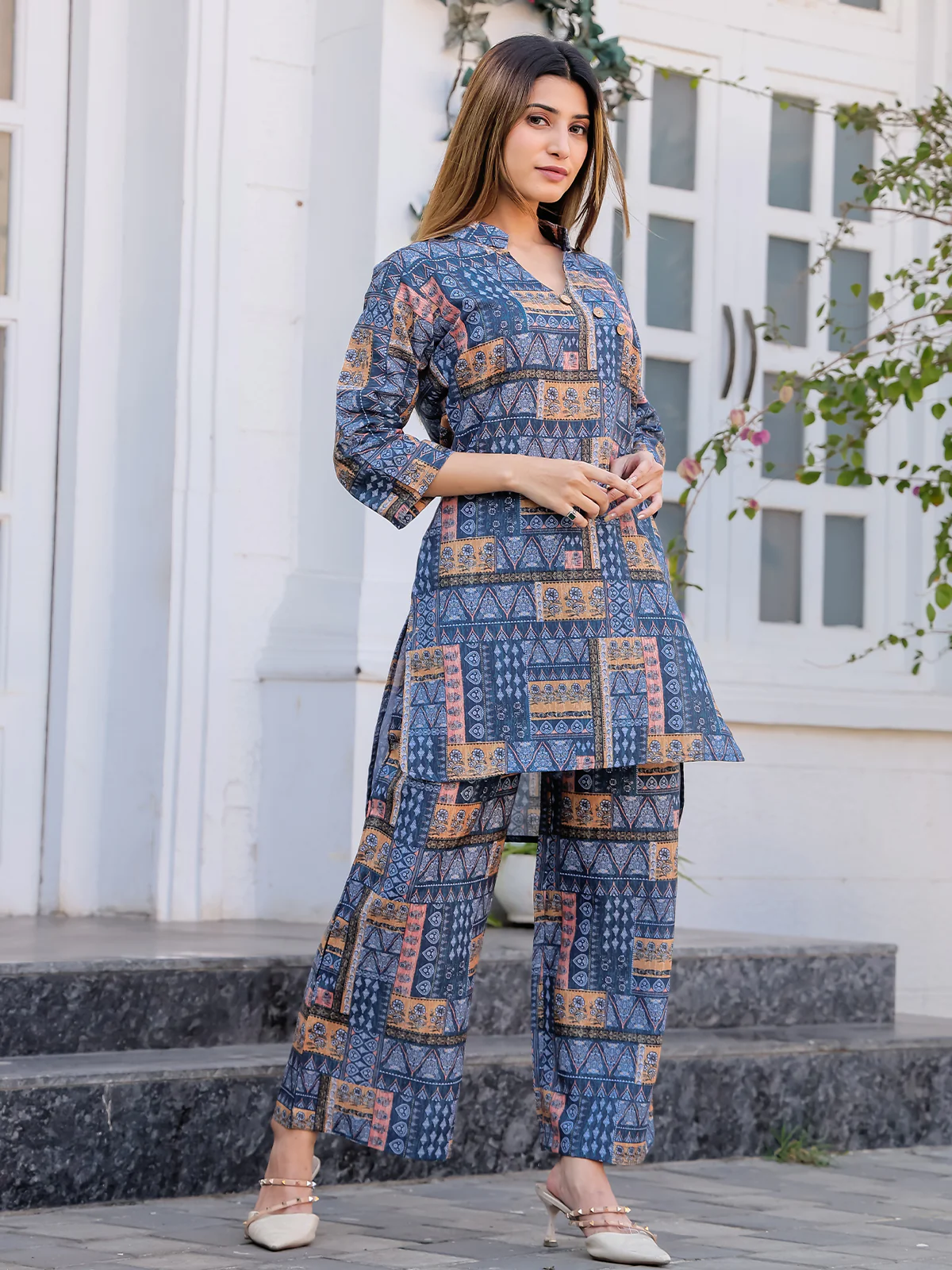 Odette Blue Cotton Printed Stitched Co Ord Set for Women - Image 2