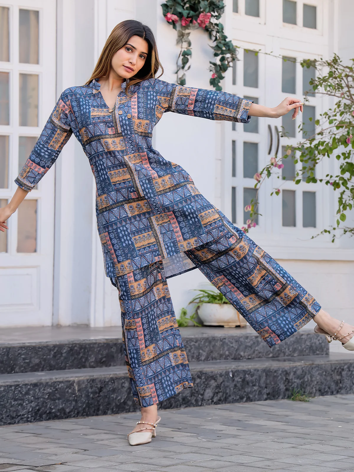Odette Blue Cotton Printed Stitched Co Ord Set for Women - Image 3